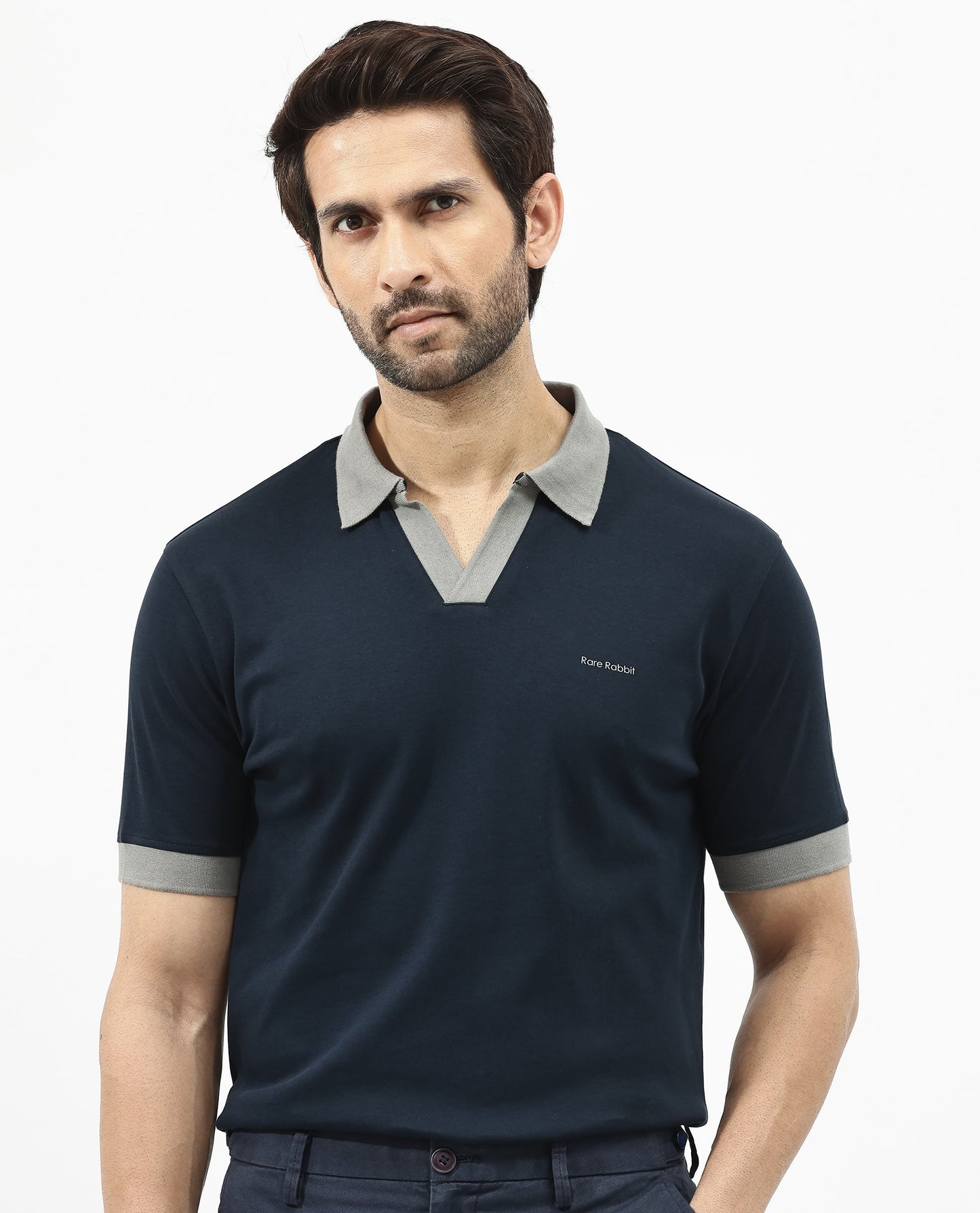 Rare Rabbit Men's Carmelon Navy Cotton Fabric Johnny Collar Short Sleeves Plain Knit Polo
