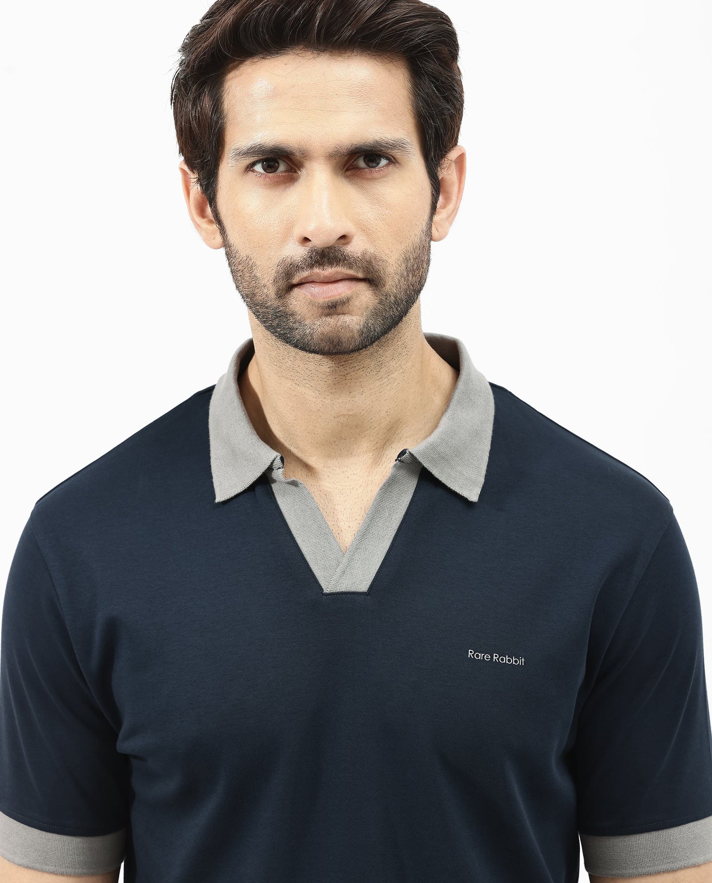 Rare Rabbit Men's Carmelon Navy Cotton Fabric Johnny Collar Short Sleeves Plain Knit Polo