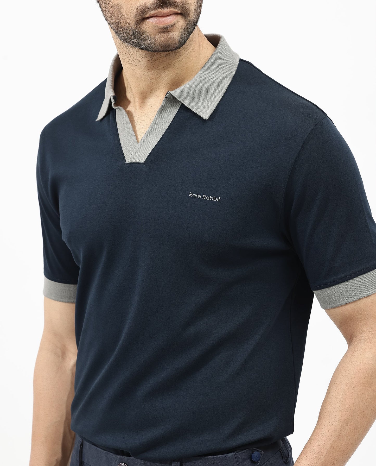 Rare Rabbit Men's Carmelon Navy Cotton Fabric Johnny Collar Short Sleeves Plain Knit Polo