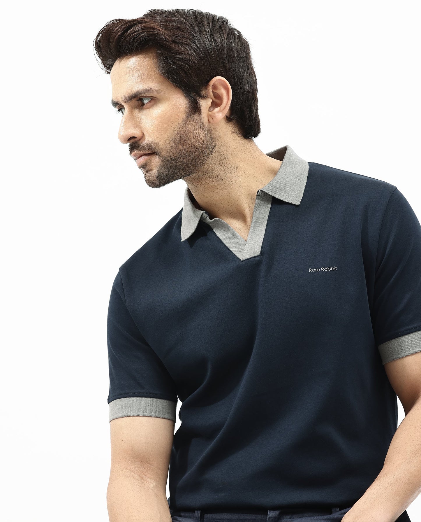 Rare Rabbit Men's Carmelon Navy Cotton Fabric Johnny Collar Short Sleeves Plain Knit Polo