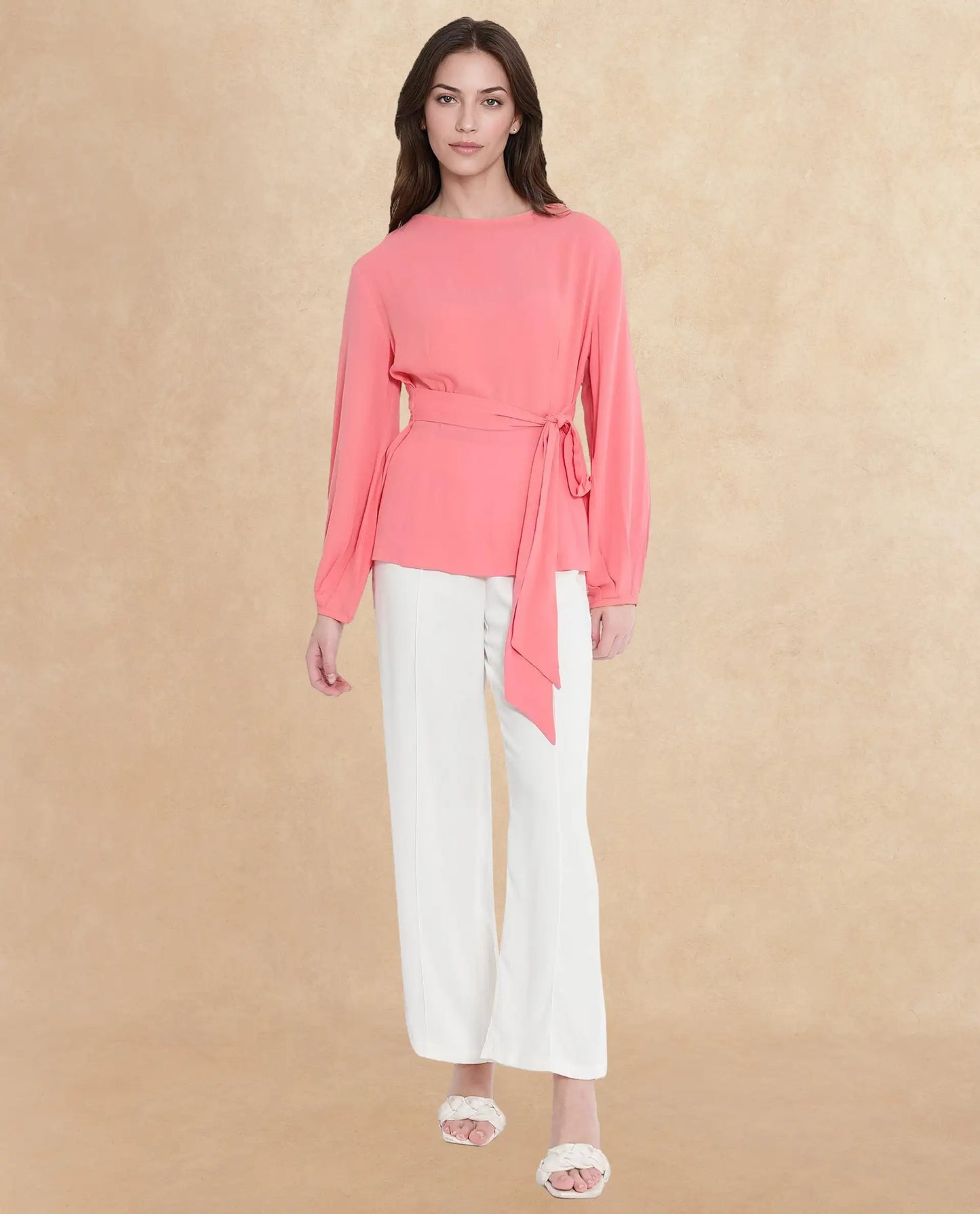 Rareism Women Centro Dark Pink Bishop Sleeve Boat Neck Plain Top