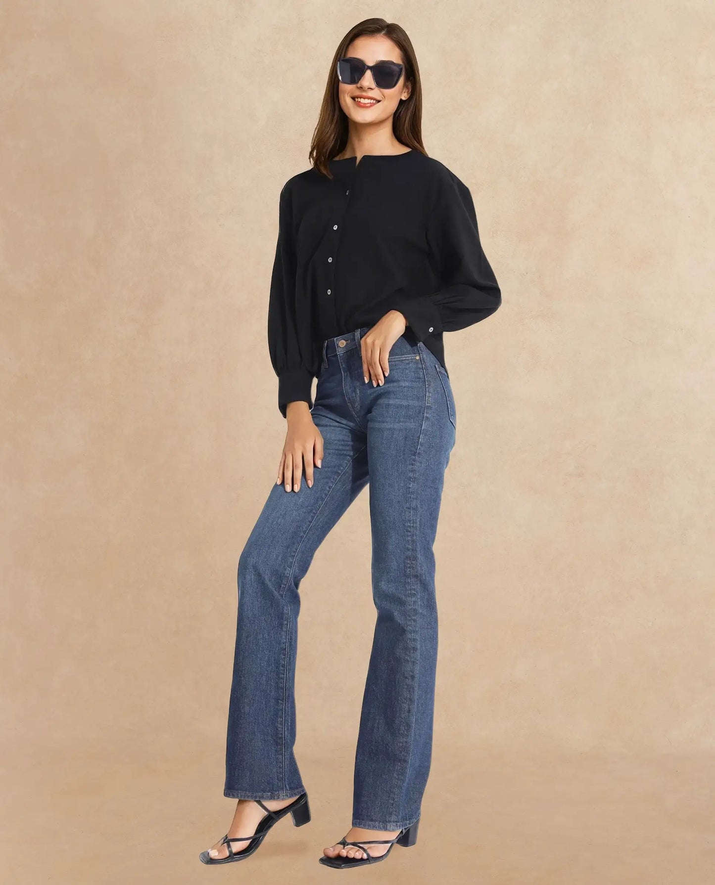 Rareism Women Chantrey Black Cotton Fabric Full Sleeve Round Neck Solid Regular Length Top