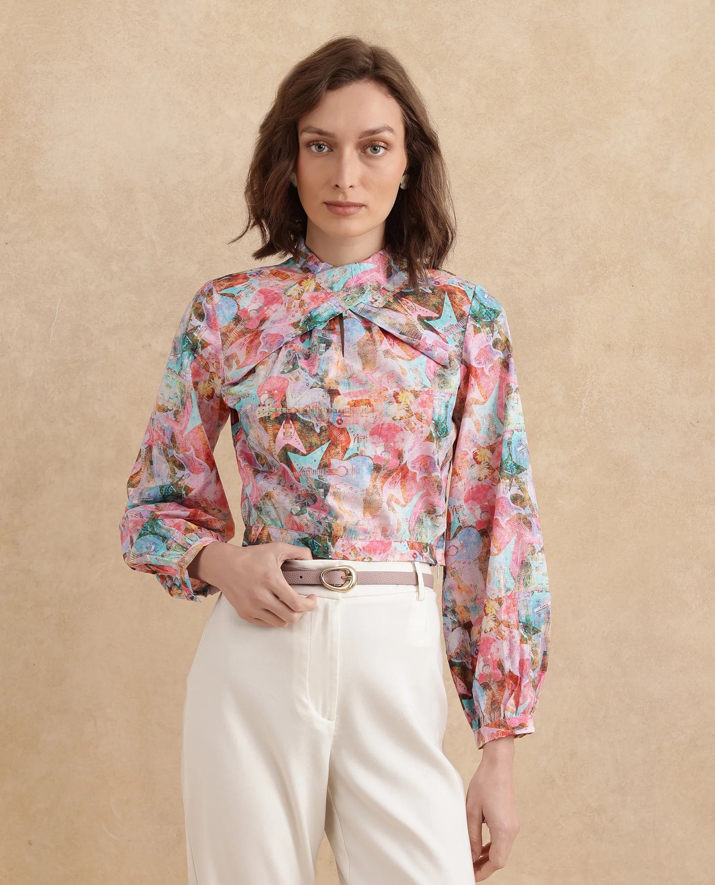 Rareism Women Cioz Light Multi Bishop Sleeves High Neck Regular Fit Cropped Abstract Print Top