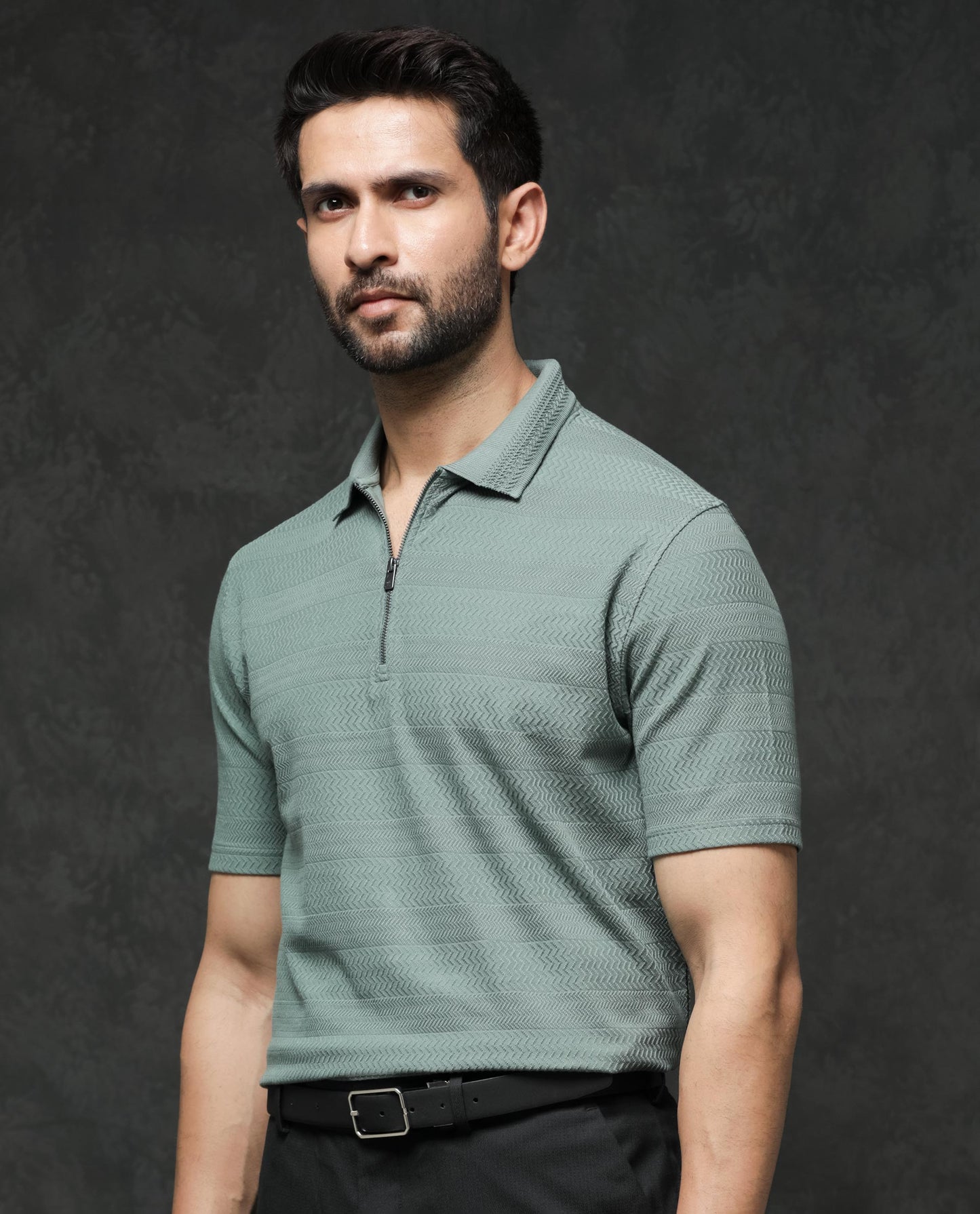 Rare Rabbit Mens Clion Dusky Green Short Sleeve Jacquard Polo T-Shirt