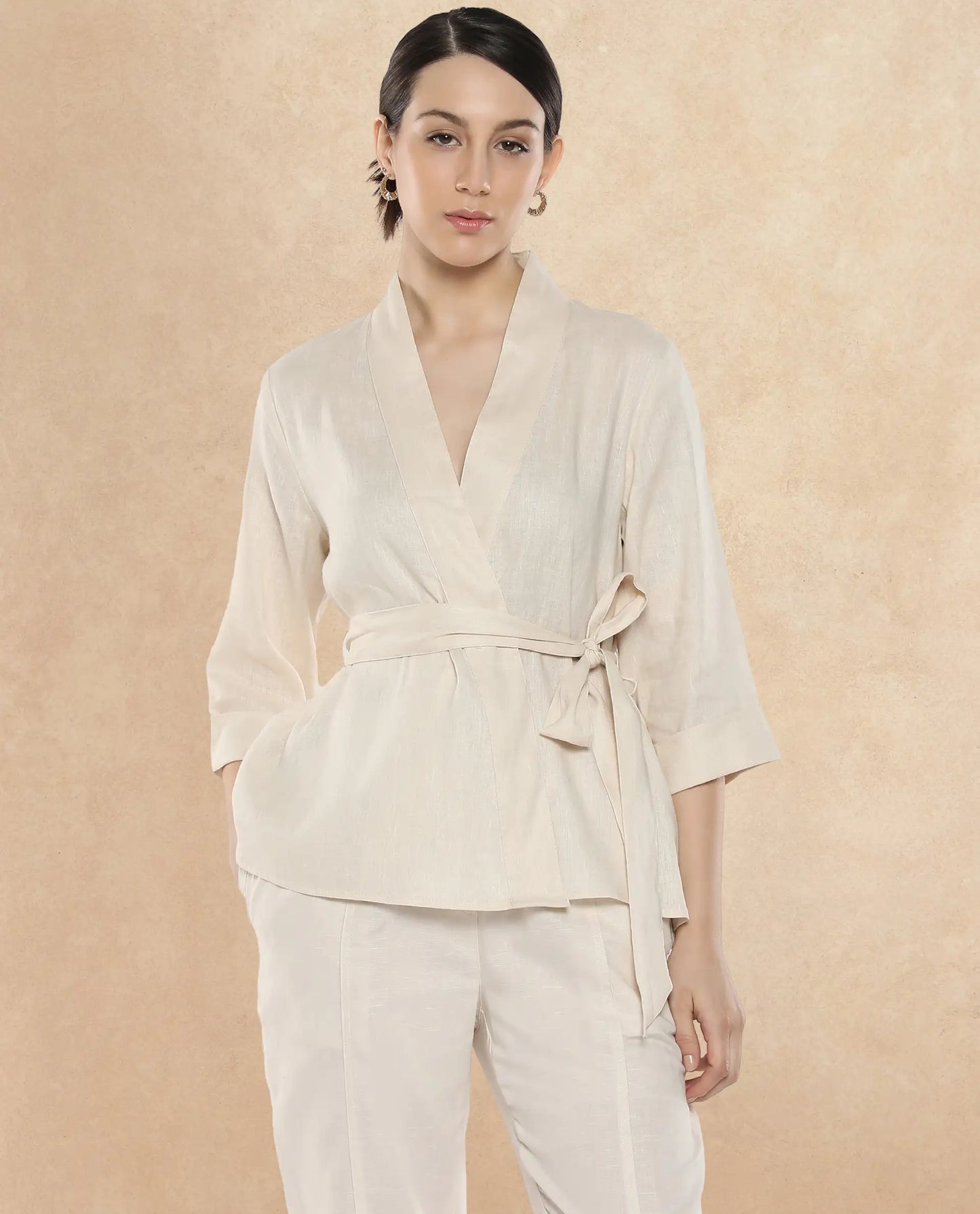 Rareism Women Costa-T Light Beige Cotton Linen Fabric Regular Sleeves Collared Neck Solid Regular Length Top