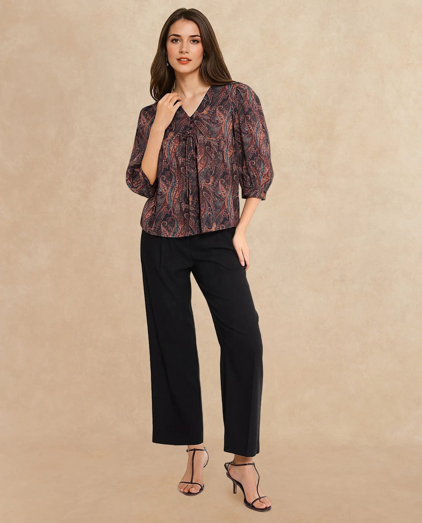 Rareism Women Cyak Multi Puff Sleeves V-Neck Button Paisley Print Top
