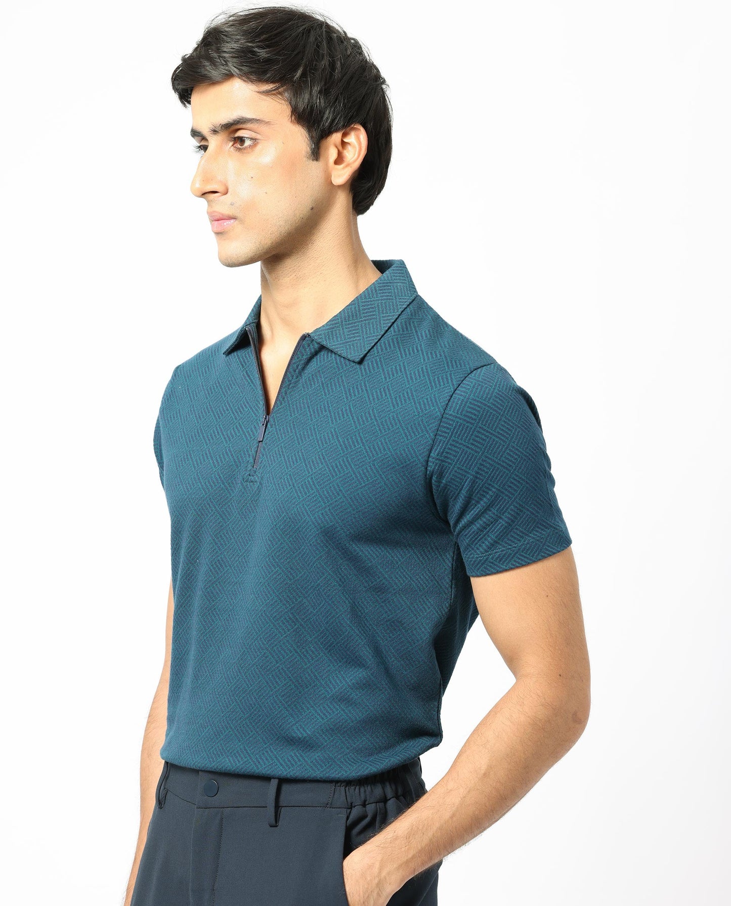 Rare Rabbit Men's Daisen Navy Cotton Fabric Collared Neck Zipper Closure Half Sleeves Textured Polo T-Shirt