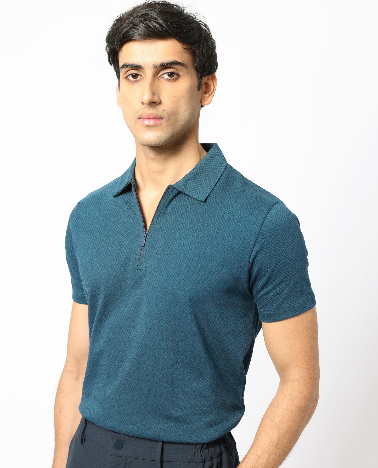 Rare Rabbit Men's Daisen Navy Cotton Fabric Collared Neck Zipper Closure Half Sleeves Textured Polo T-Shirt