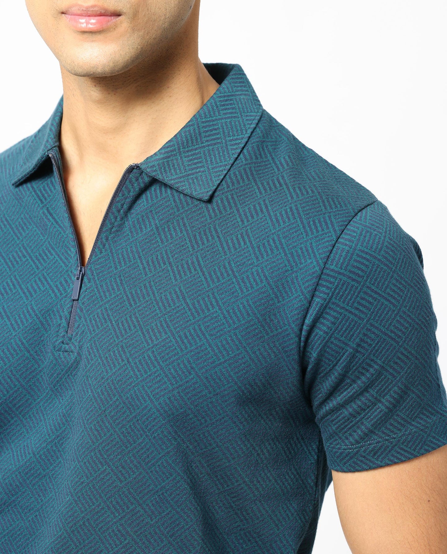 Rare Rabbit Men's Daisen Navy Cotton Fabric Collared Neck Zipper Closure Half Sleeves Textured Polo T-Shirt