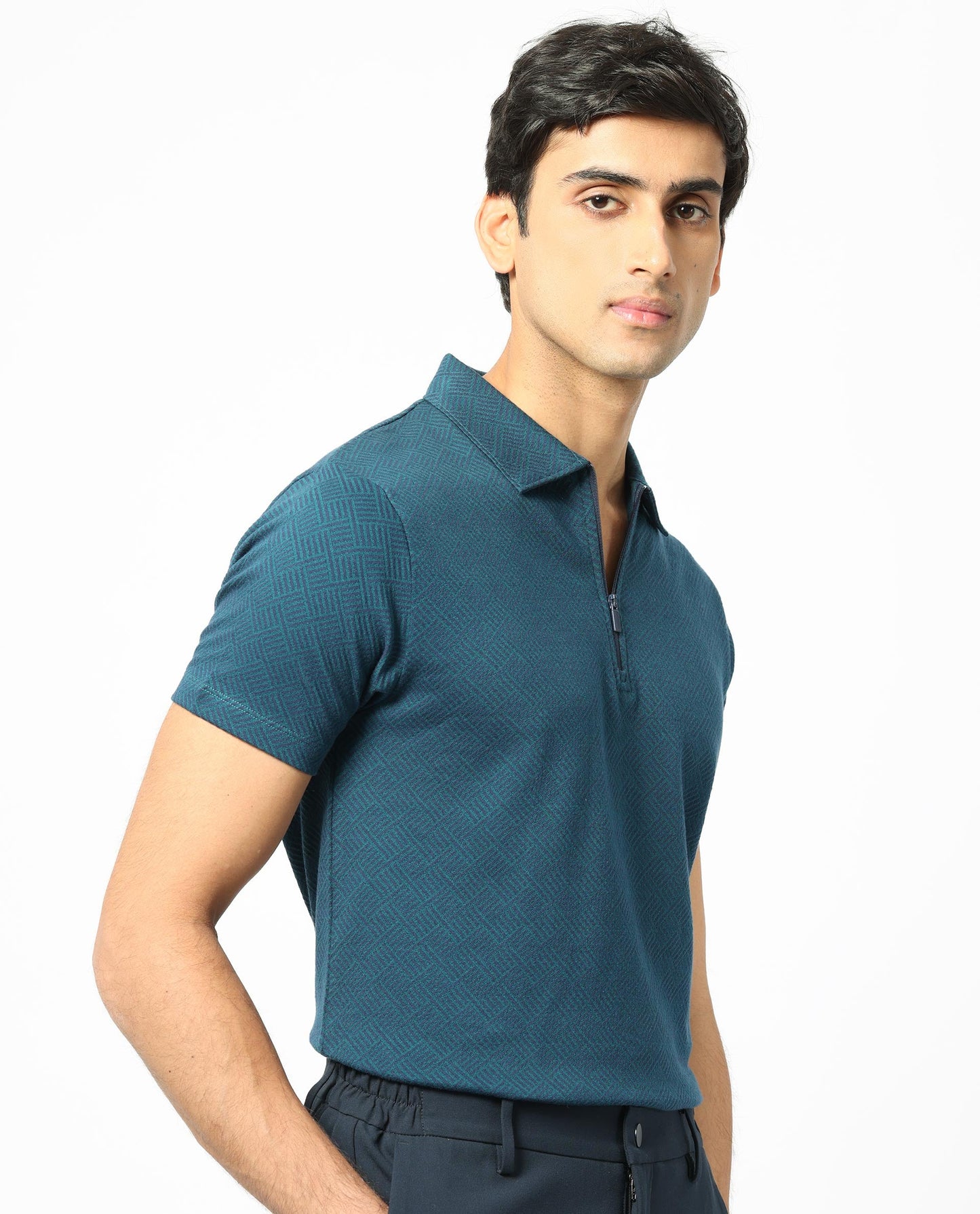 Rare Rabbit Men's Daisen Navy Cotton Fabric Collared Neck Zipper Closure Half Sleeves Textured Polo T-Shirt