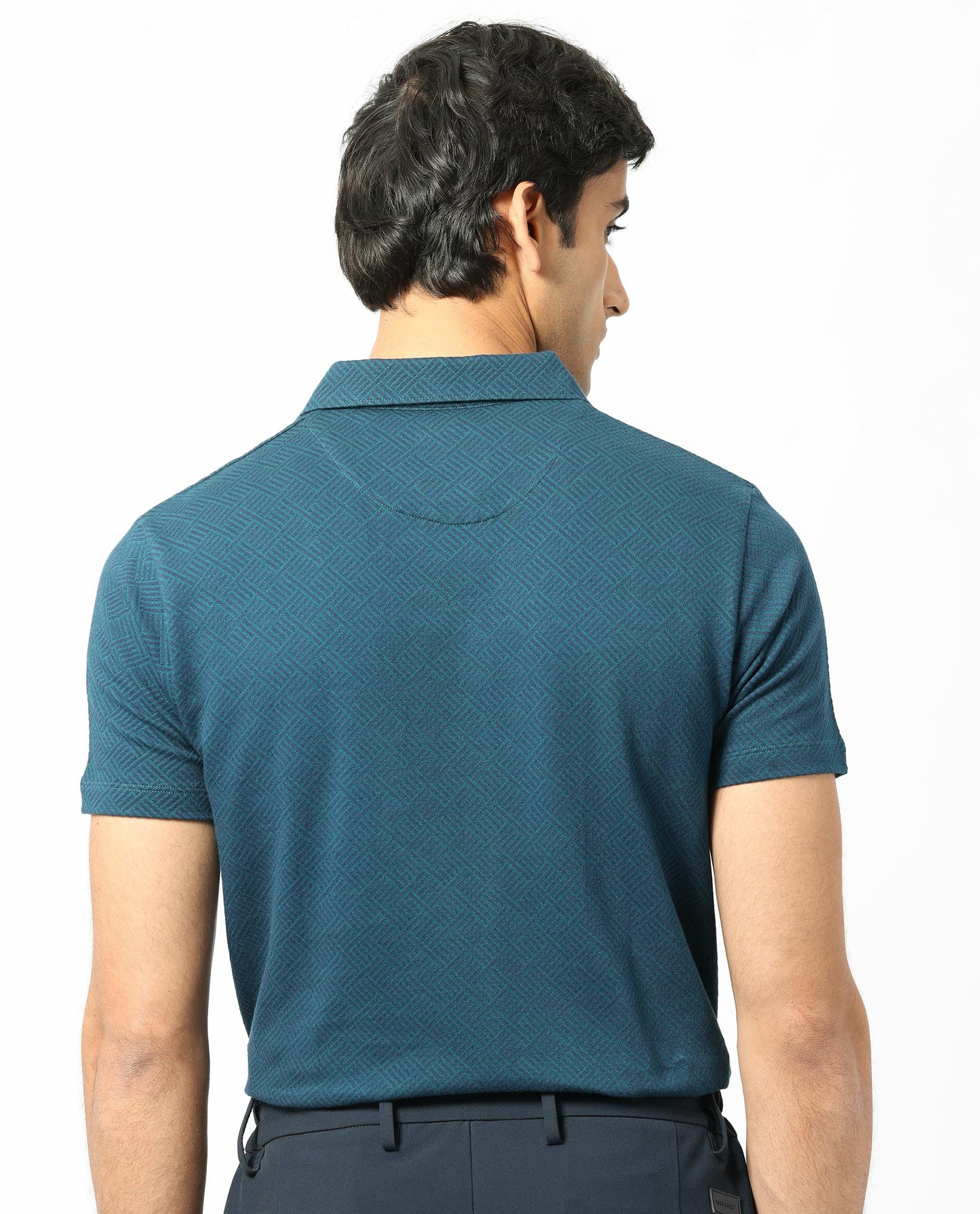 Rare Rabbit Men's Daisen Navy Cotton Fabric Collared Neck Zipper Closure Half Sleeves Textured Polo T-Shirt
