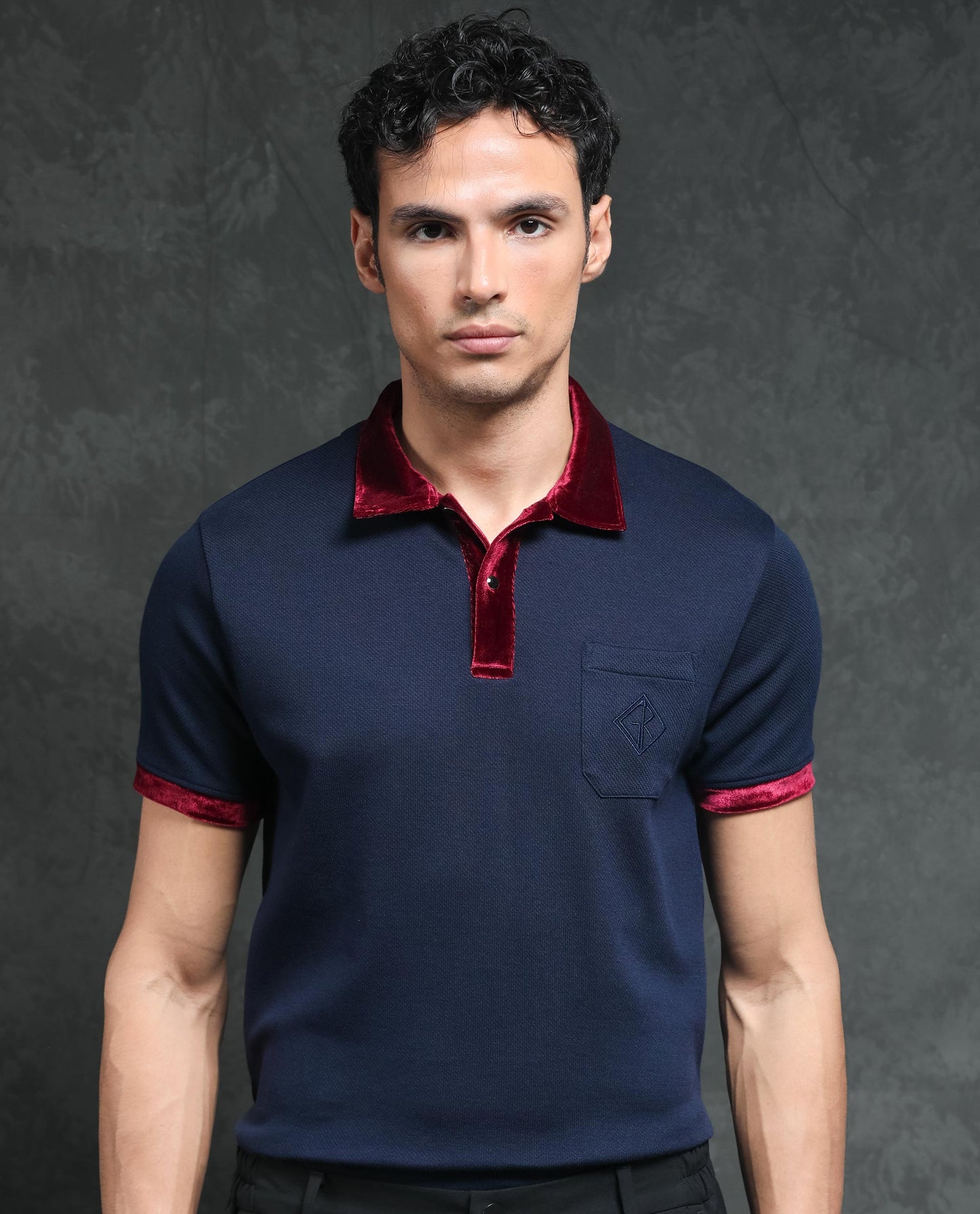 Rare Rabbit Men's Danil Navy Cotton Fabric Contrast Detailing Velvet Collar And Sleeves Half Sleeve Polo T-Shirt