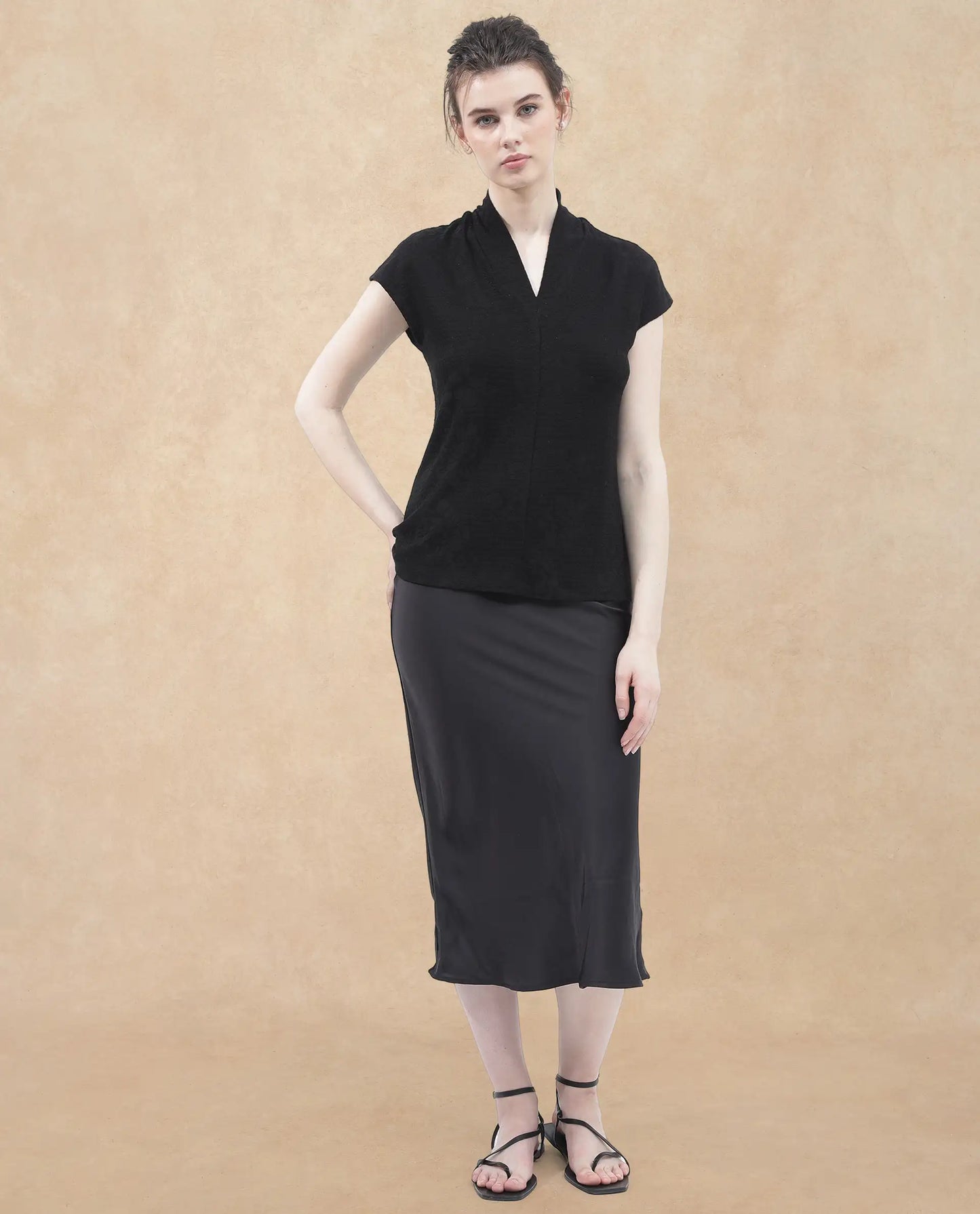 Rareism Women Deone Black Poly Viscose Elastane Fabric Regular Sleeves V-Neck Boxy Fit Solid Top