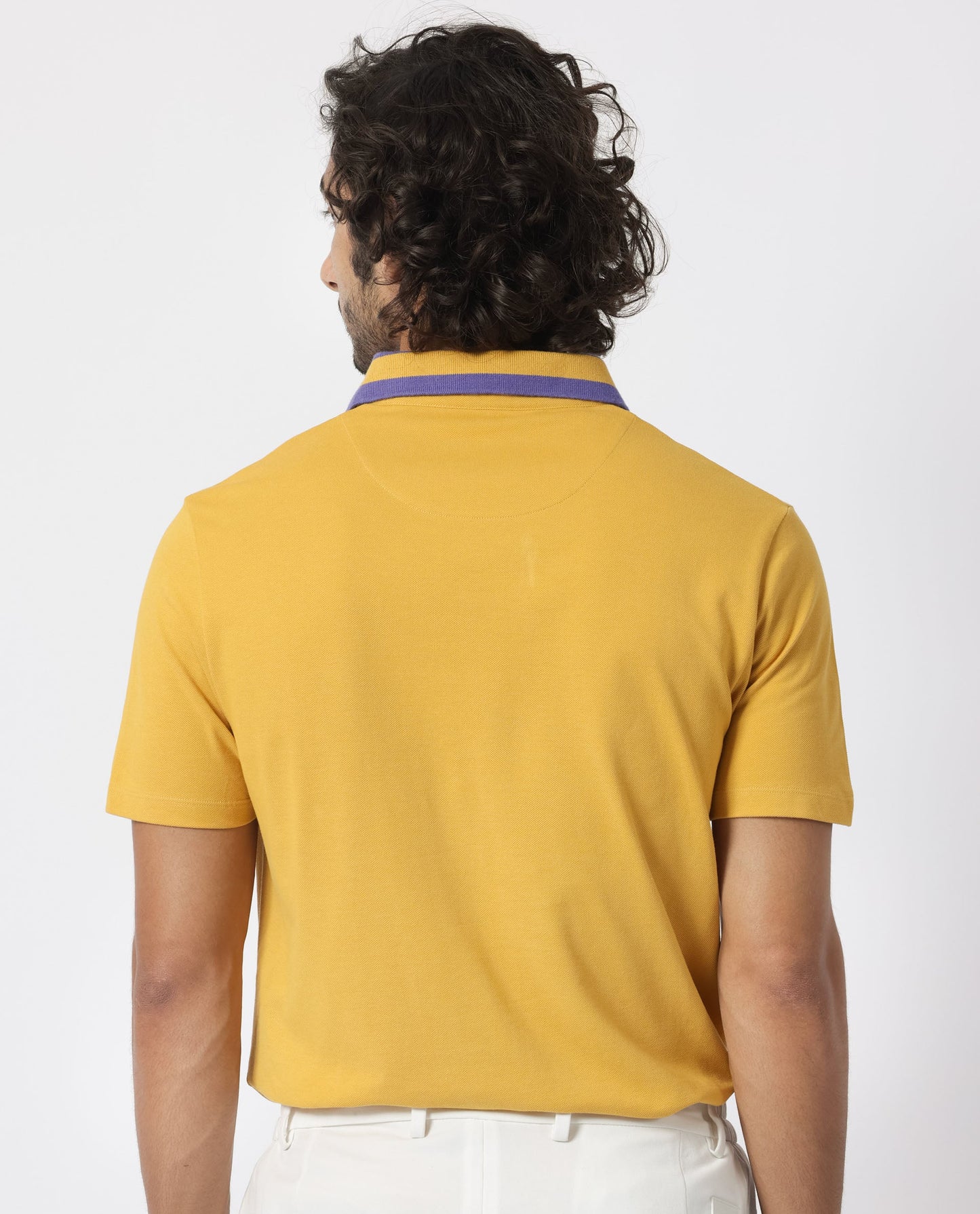 Rare Rabbit Men's Divide Mustard Cotton Fabric Striped Collar Half Sleeves Polo T-Shirt