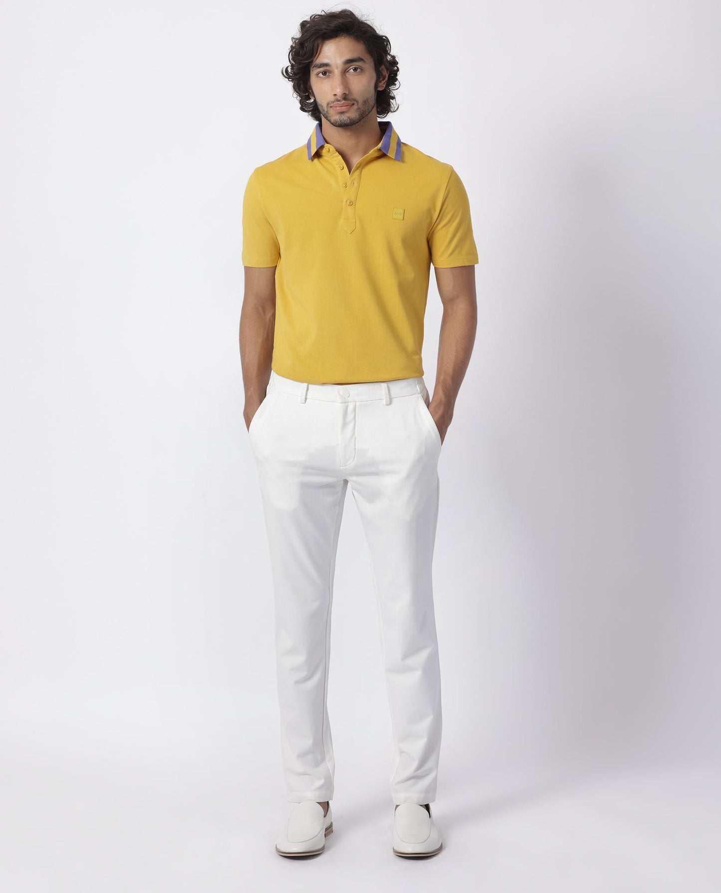 Rare Rabbit Men's Divide Mustard Cotton Fabric Striped Collar Half Sleeves Polo T-Shirt