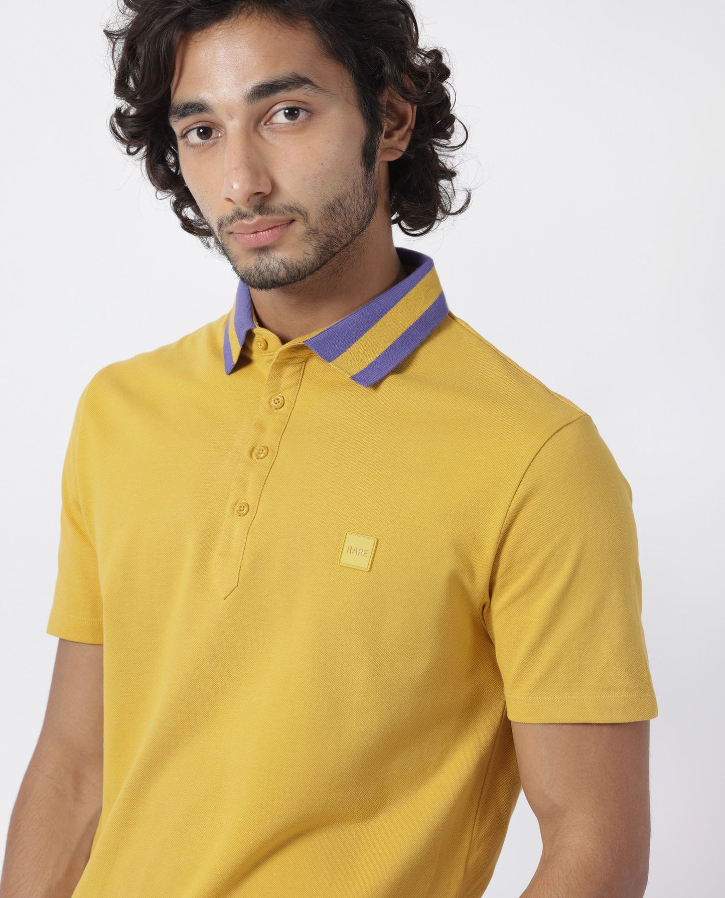 Rare Rabbit Men's Divide Mustard Cotton Fabric Striped Collar Half Sleeves Polo T-Shirt