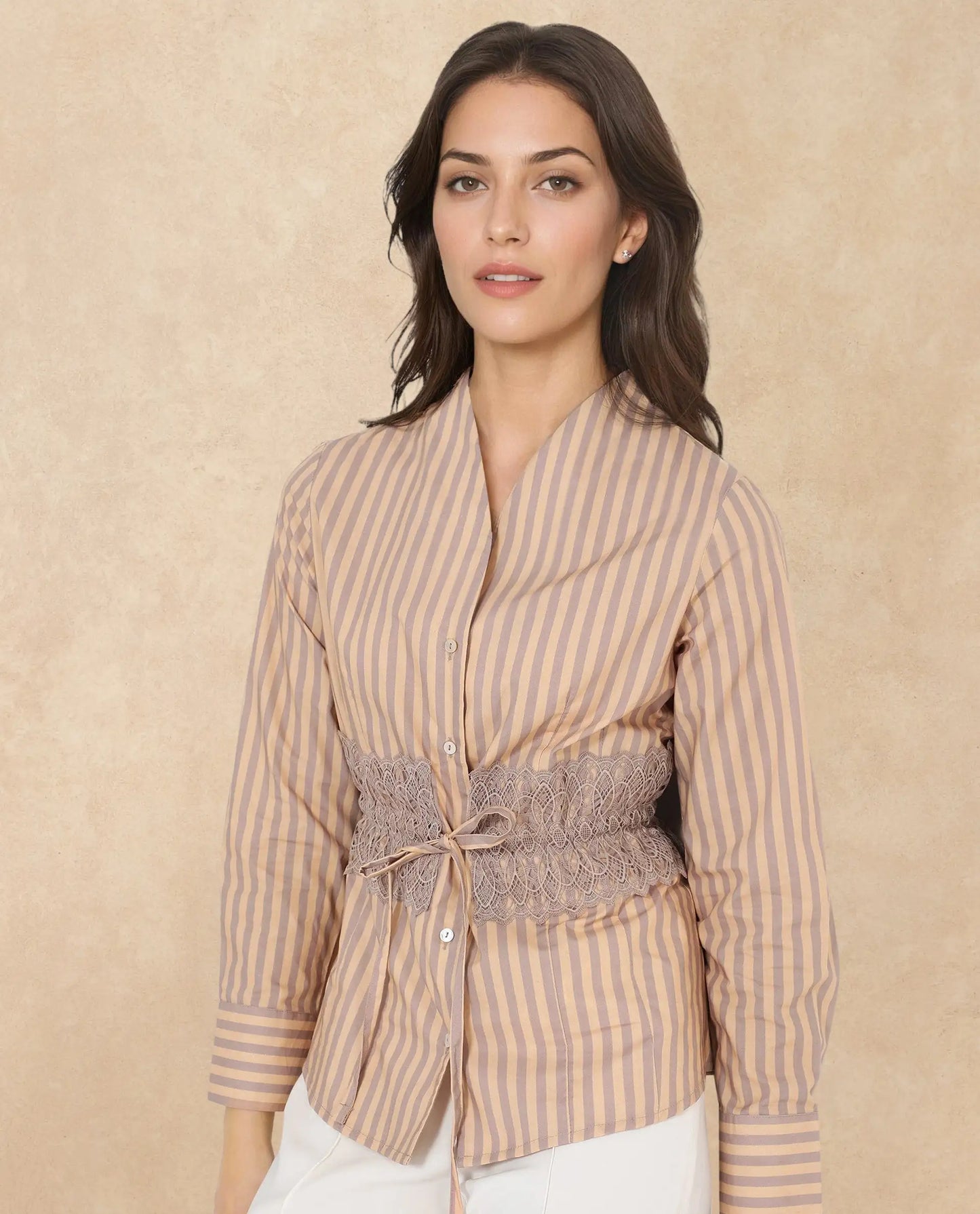 Rareism Women Dooze Tan Cuffed Sleeve V-Neck Button Narrow Stripes Top