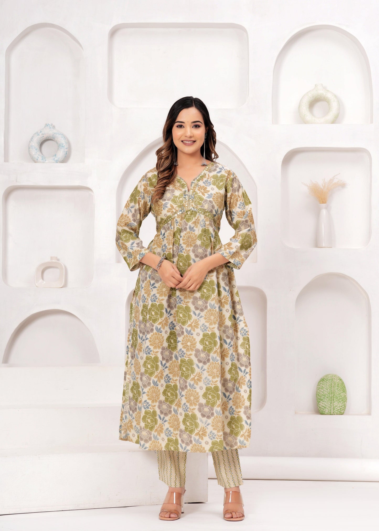 Floral Printed Muslin Alia Cut Suit Set with Slate Blue Chiffon Dupatta