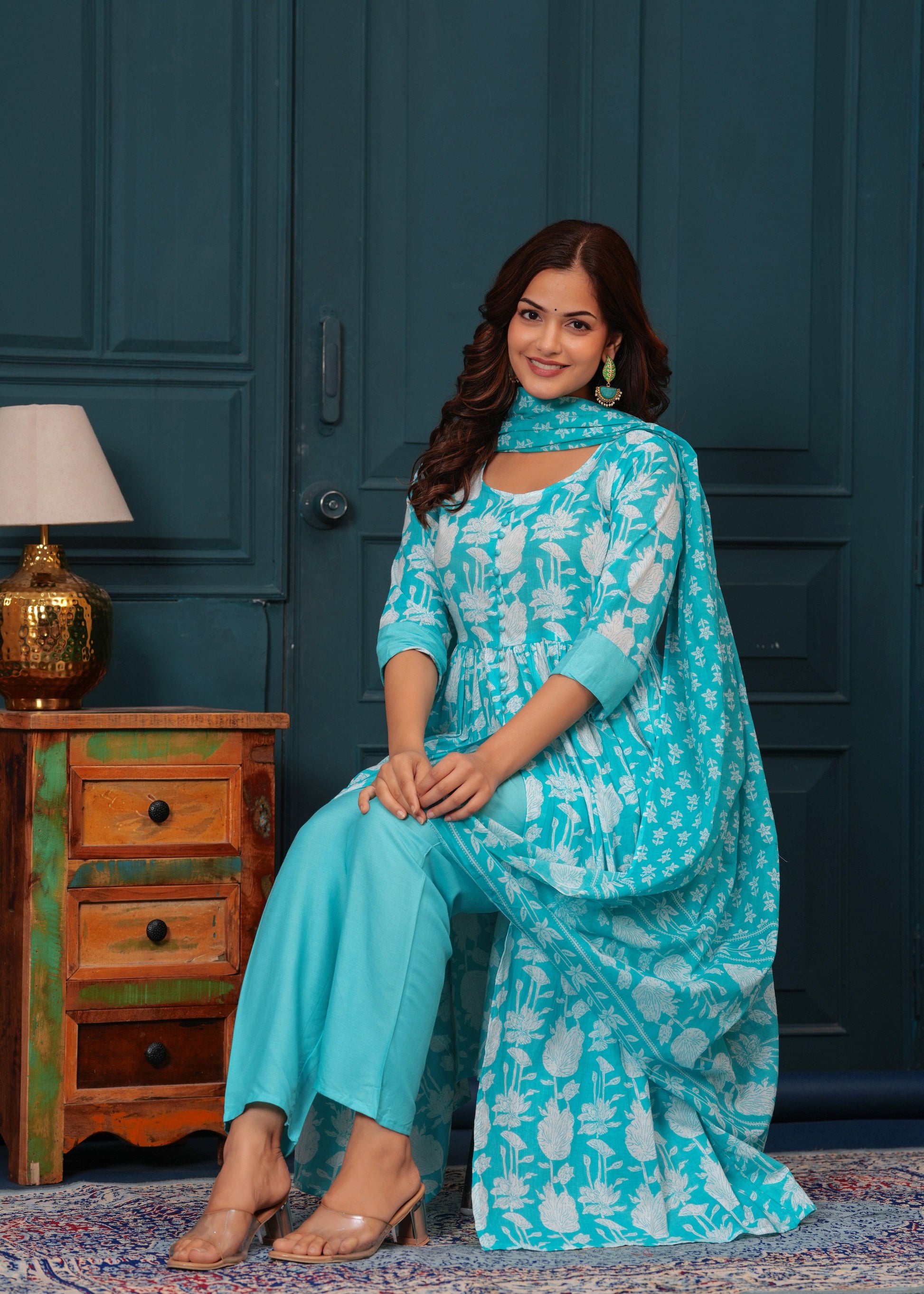 Light Blue Floral Printed Rayon Suit Set