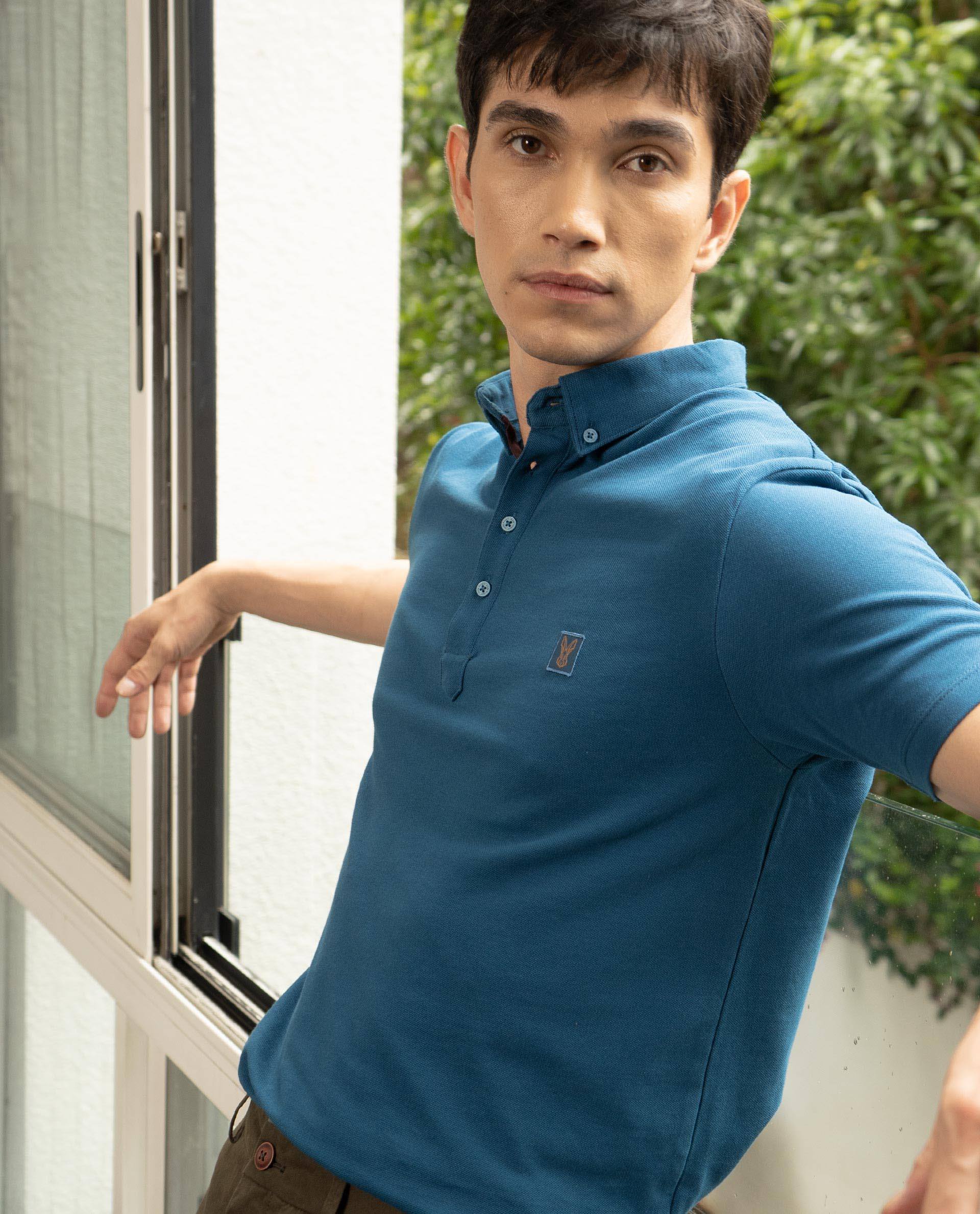 RARE RABBIT MENS CASSINI-3 PETROL POLO COTTON FABRIC SLIM FIT COLLAR COLLAR Short Sleeve