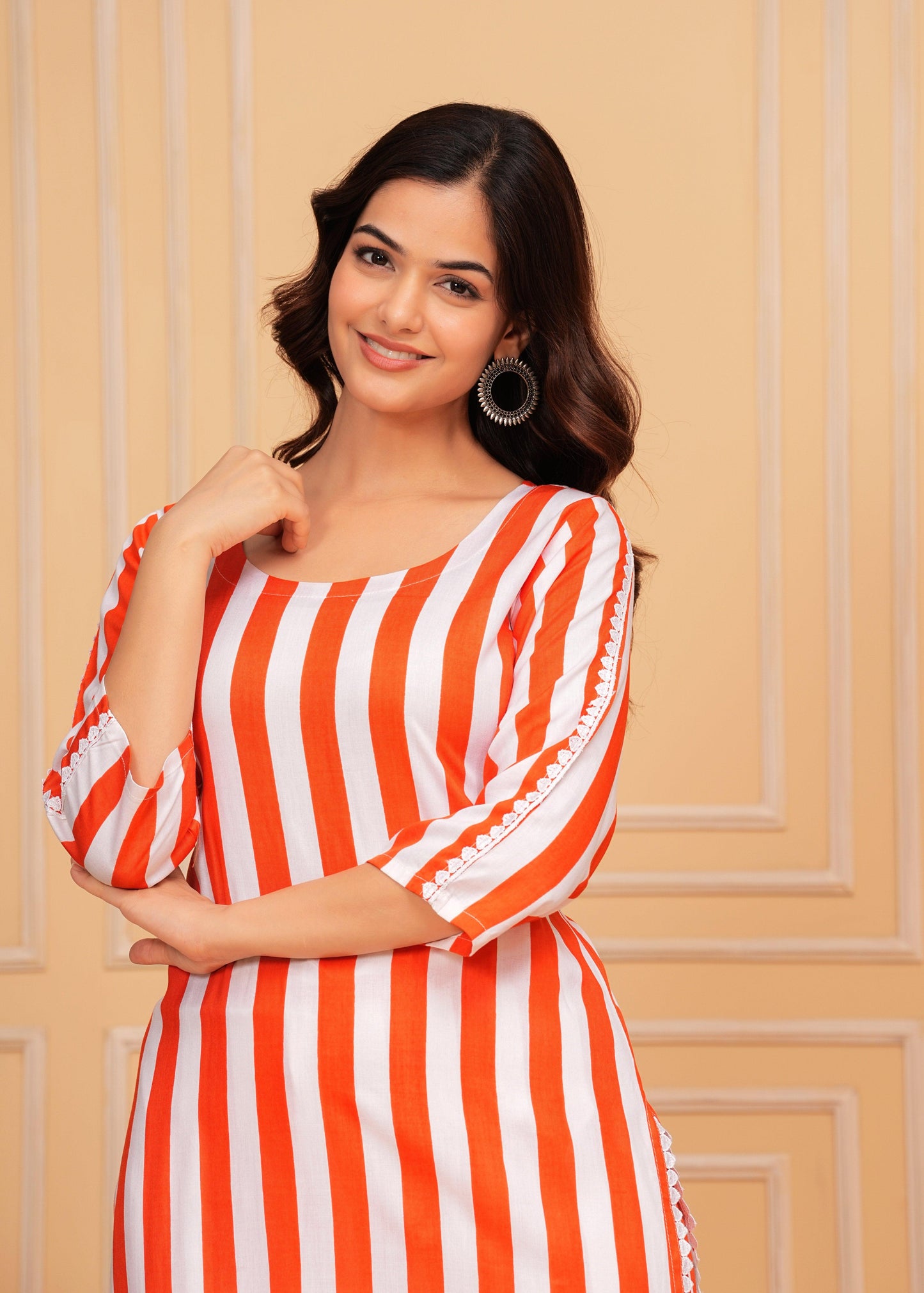 Orange White Striped Rayon Kurta and Pant Set
