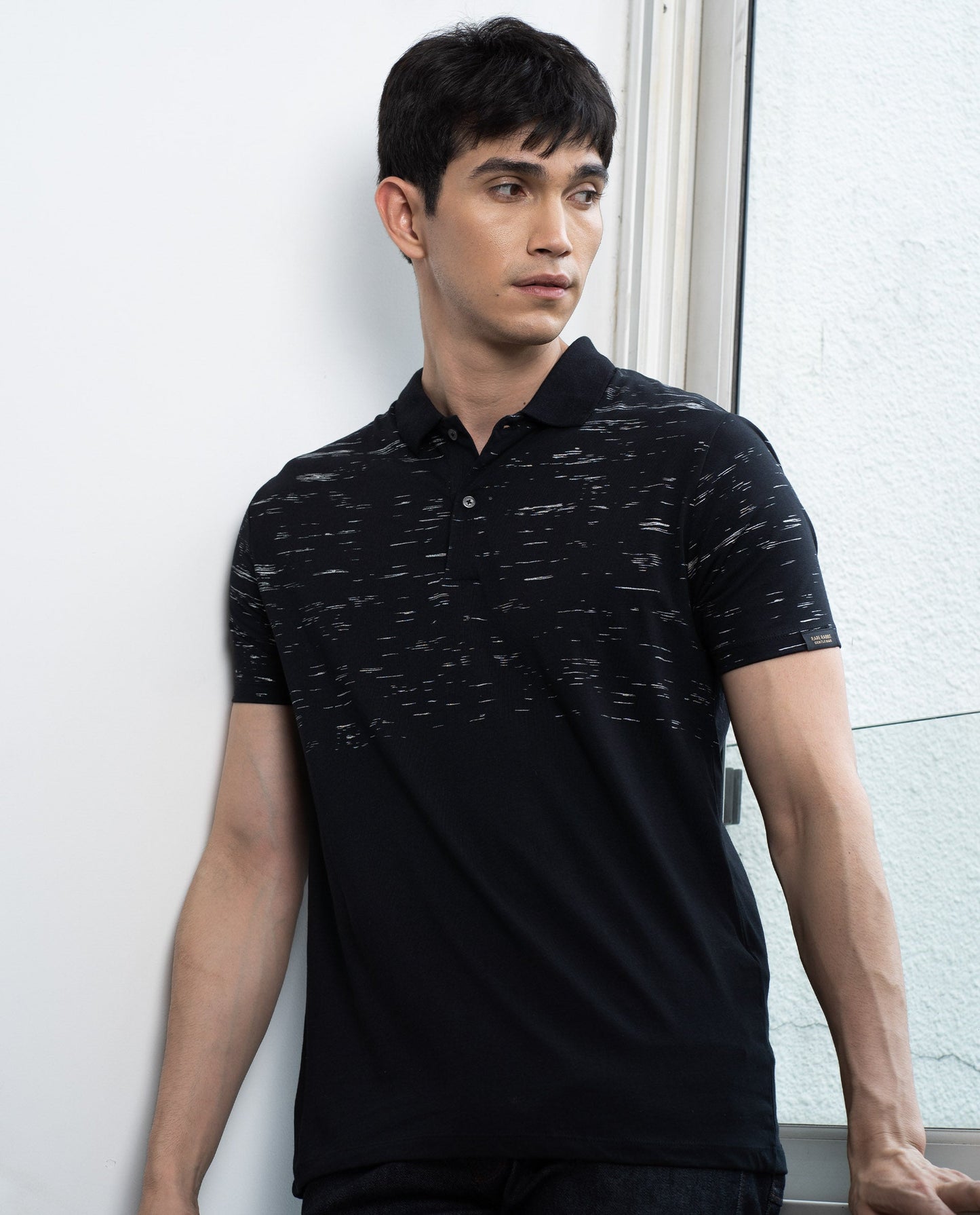 RARE RABBIT STROKE PRIMARY BLACK POLO COTTON FABRIC SHORT SLEEVE POLO COLLAR SLIM FIT