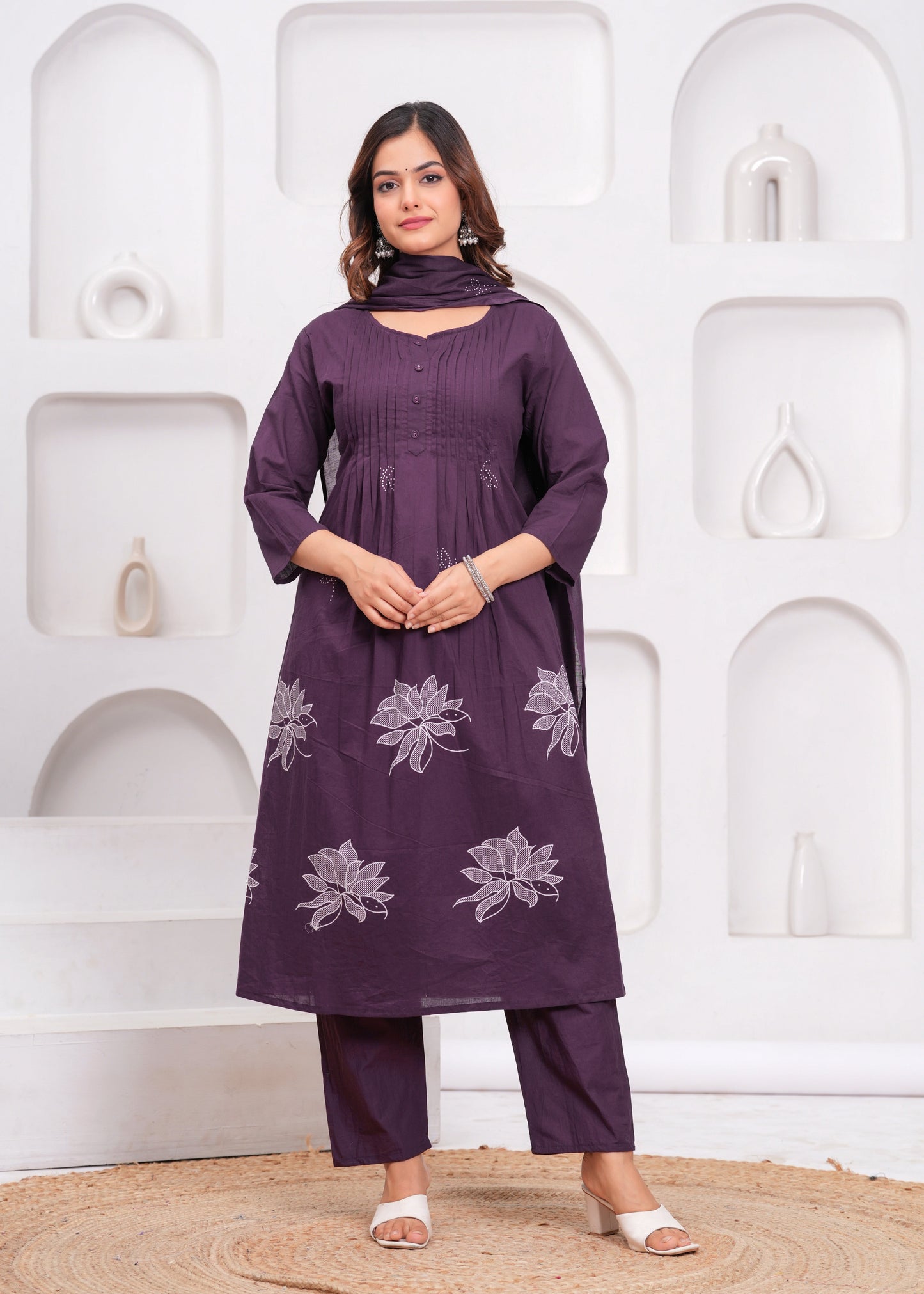 Grape Printx Work Cotton Suit Set with Dupatta