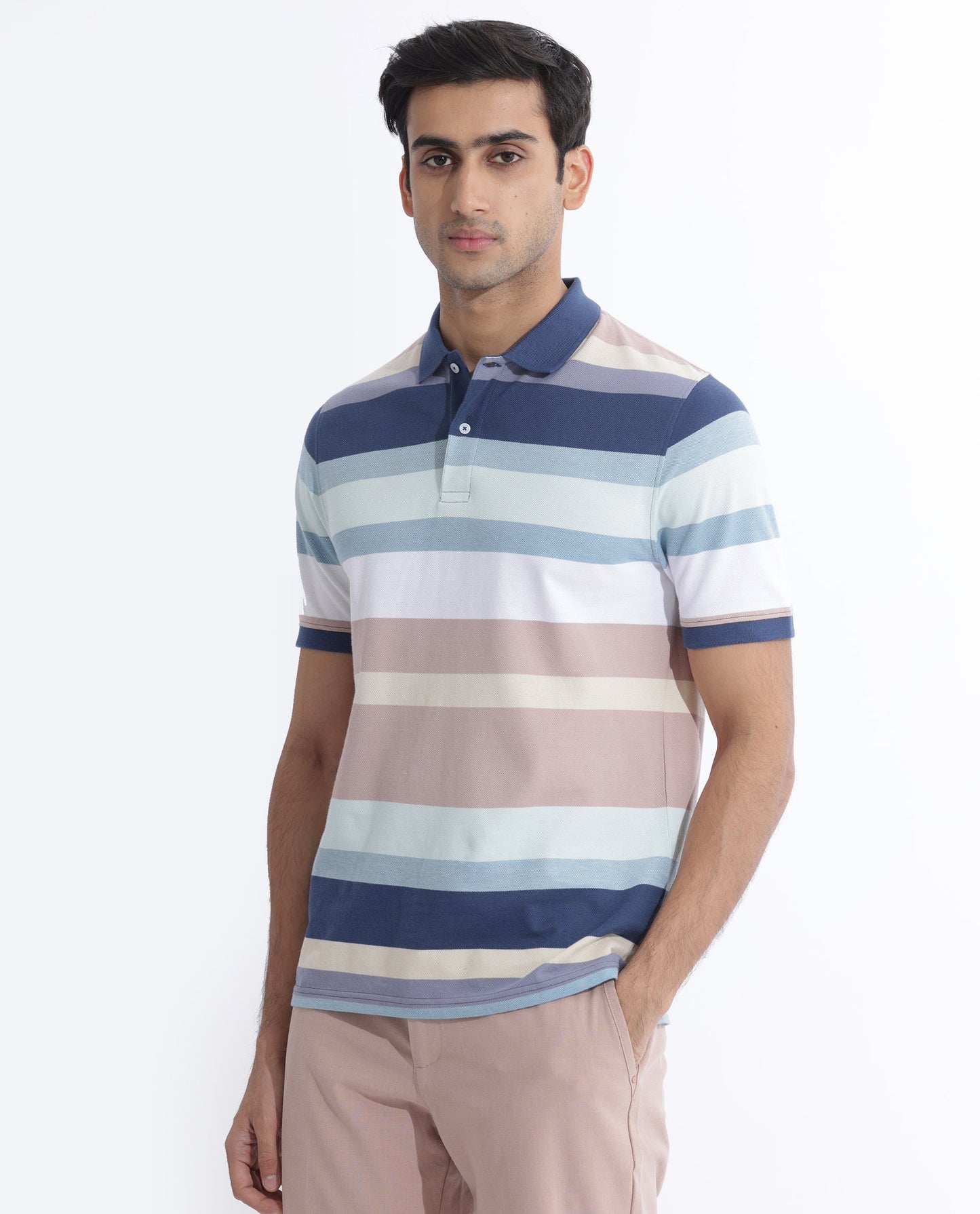 Rare Rabbit Men's Edeet Purple Cotton Fabric Collared Neck Half Sleeves Striped Polo T-Shirt