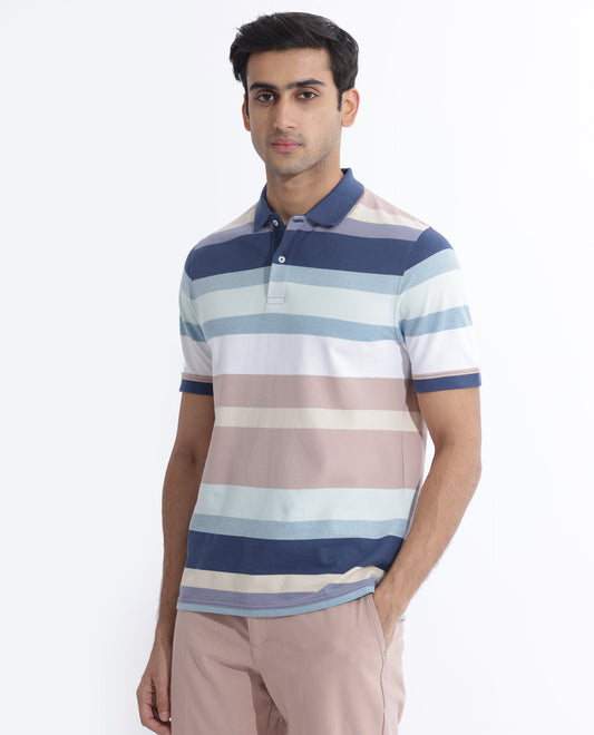 Rare Rabbit Men's Edeet Purple Cotton Fabric Collared Neck  Half Sleeves Striped Polo T-Shirt