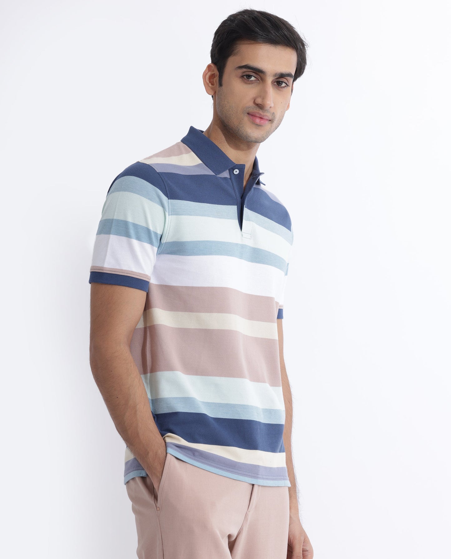 Rare Rabbit Men's Edeet Purple Cotton Fabric Collared Neck Half Sleeves Striped Polo T-Shirt