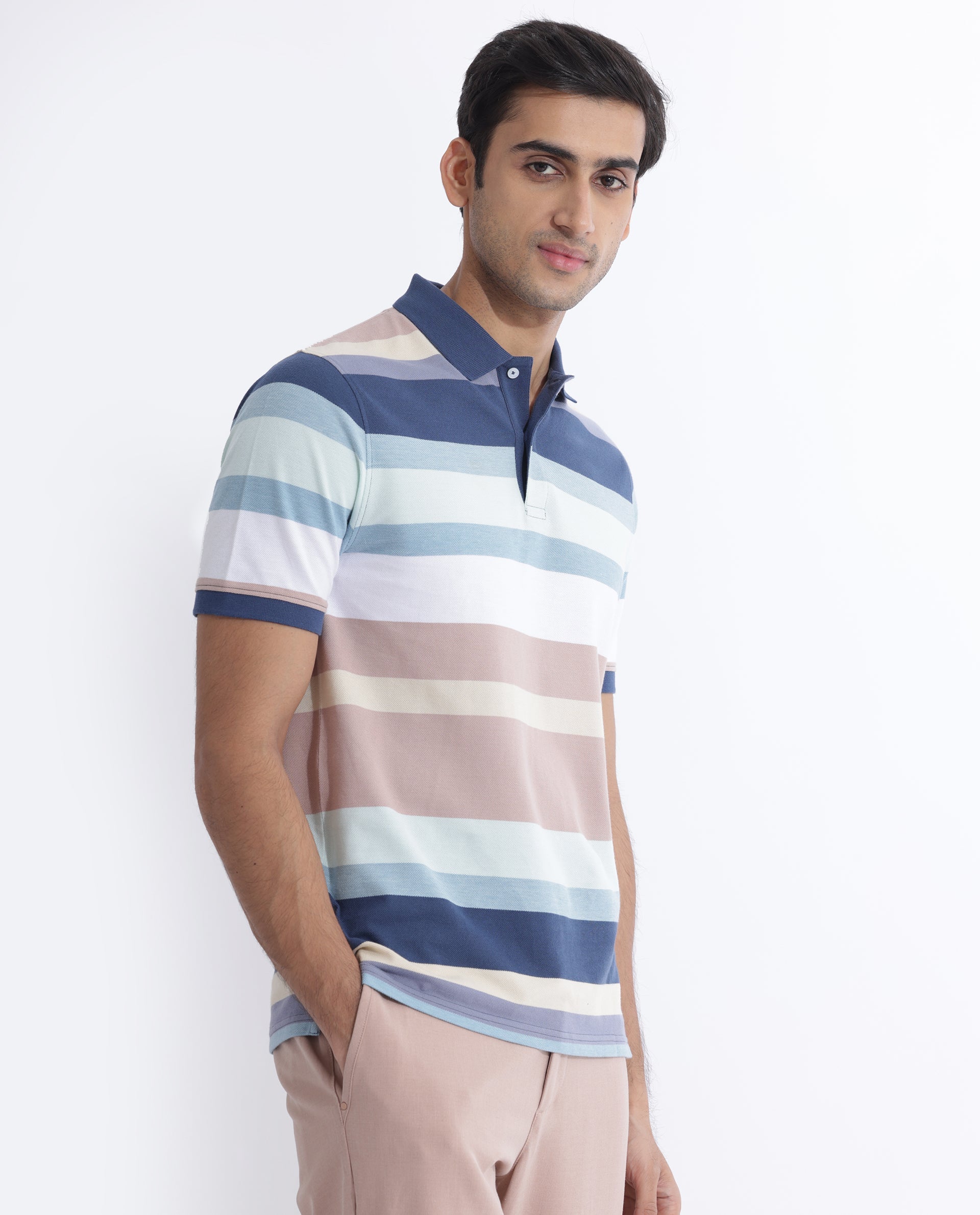 Rare Rabbit Men's Edeet Purple Cotton Fabric Collared Neck  Half Sleeves Striped Polo T-Shirt