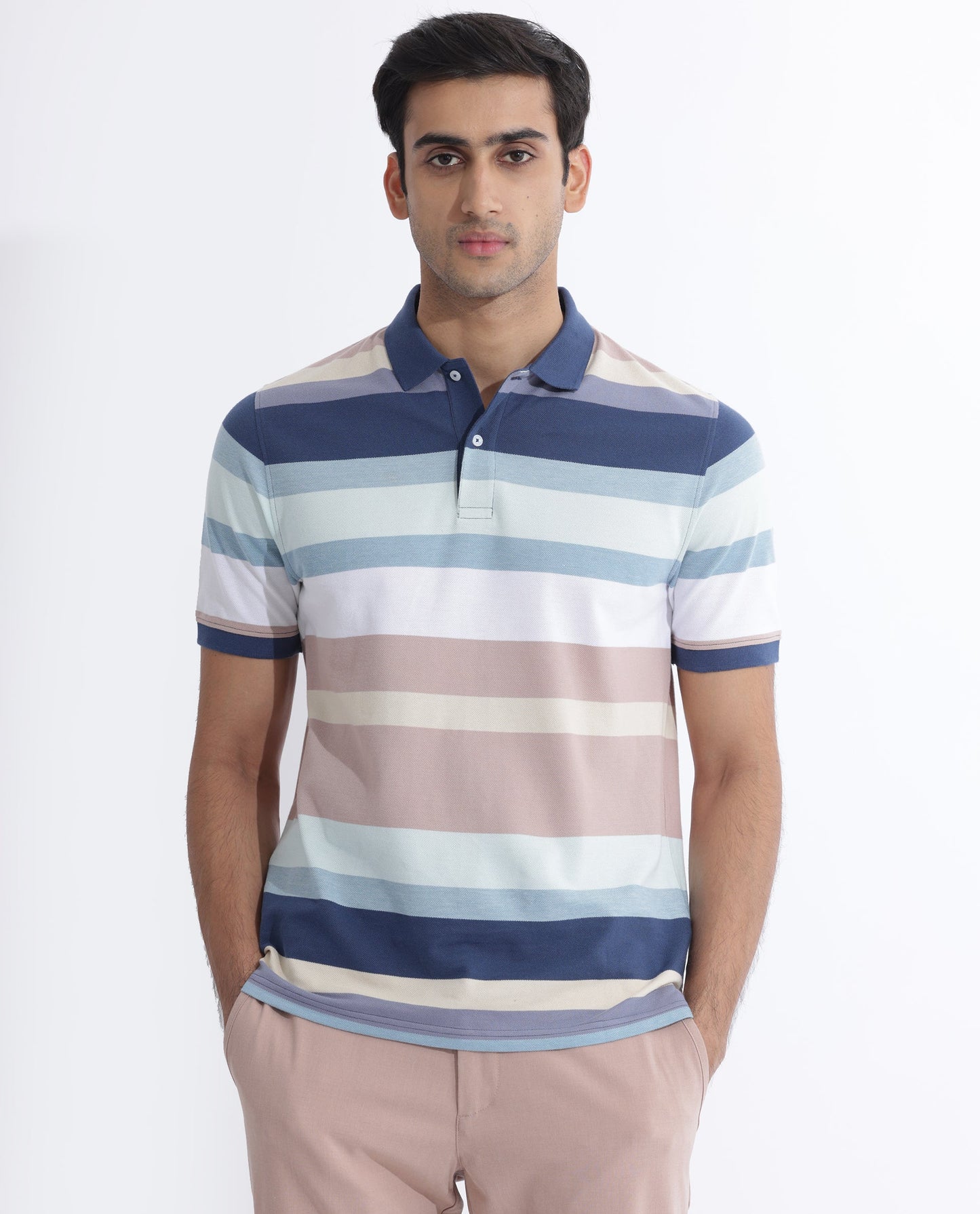 Rare Rabbit Men's Edeet Purple Cotton Fabric Collared Neck Half Sleeves Striped Polo T-Shirt