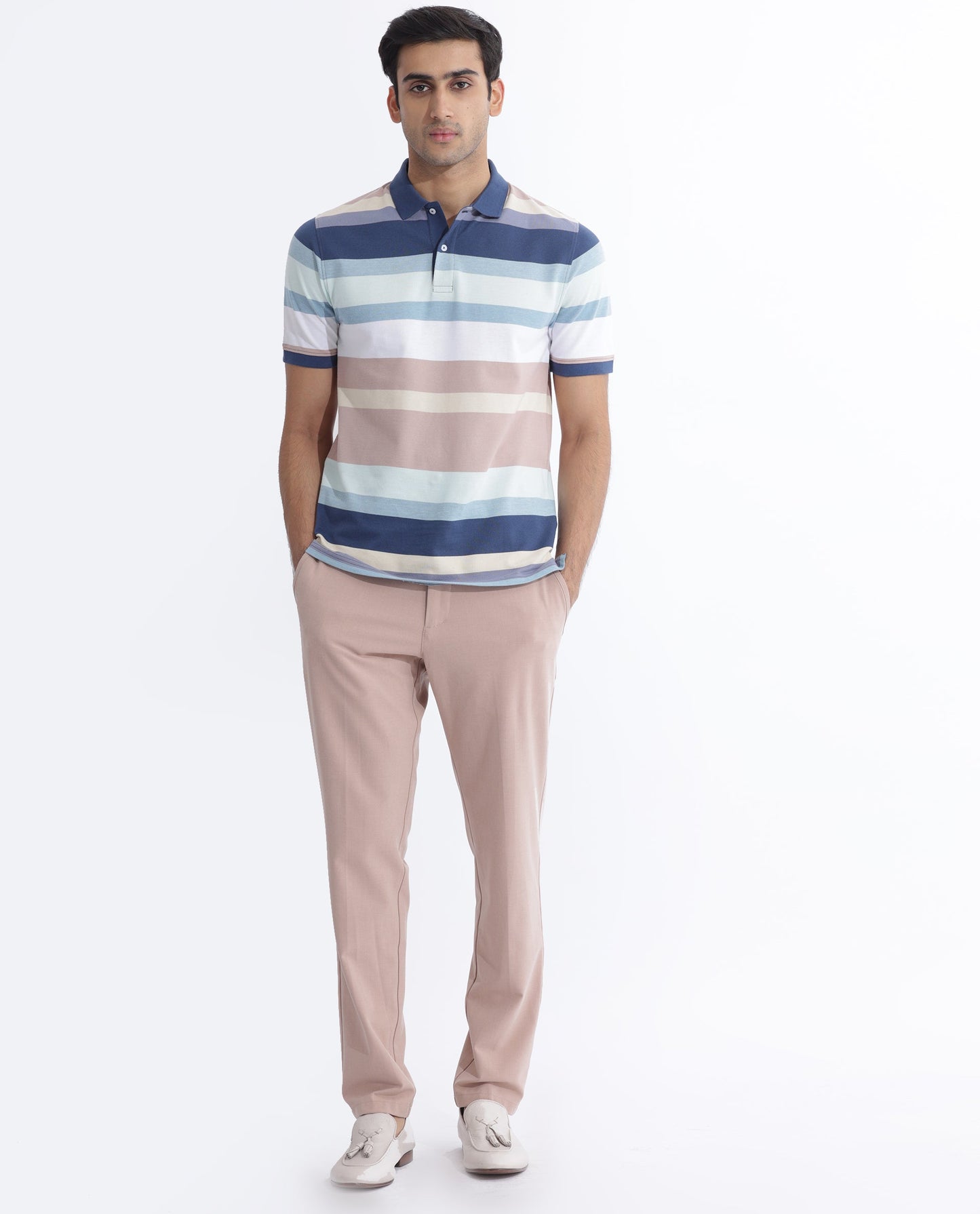 Rare Rabbit Men's Edeet Purple Cotton Fabric Collared Neck Half Sleeves Striped Polo T-Shirt