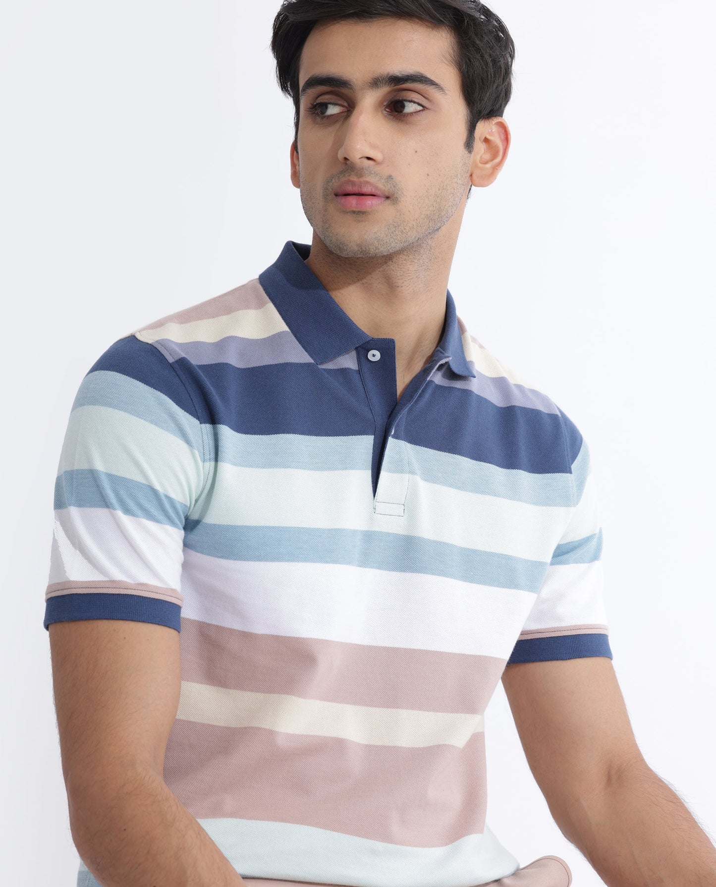 Rare Rabbit Men's Edeet Purple Cotton Fabric Collared Neck Half Sleeves Striped Polo T-Shirt