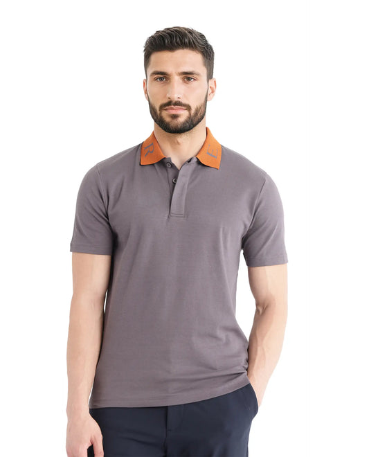 Rare Rabbit Men Frow Grey Cotton Fabric Short Sleeve Contrast Collar with Embroidered Details Button Closure Polo
