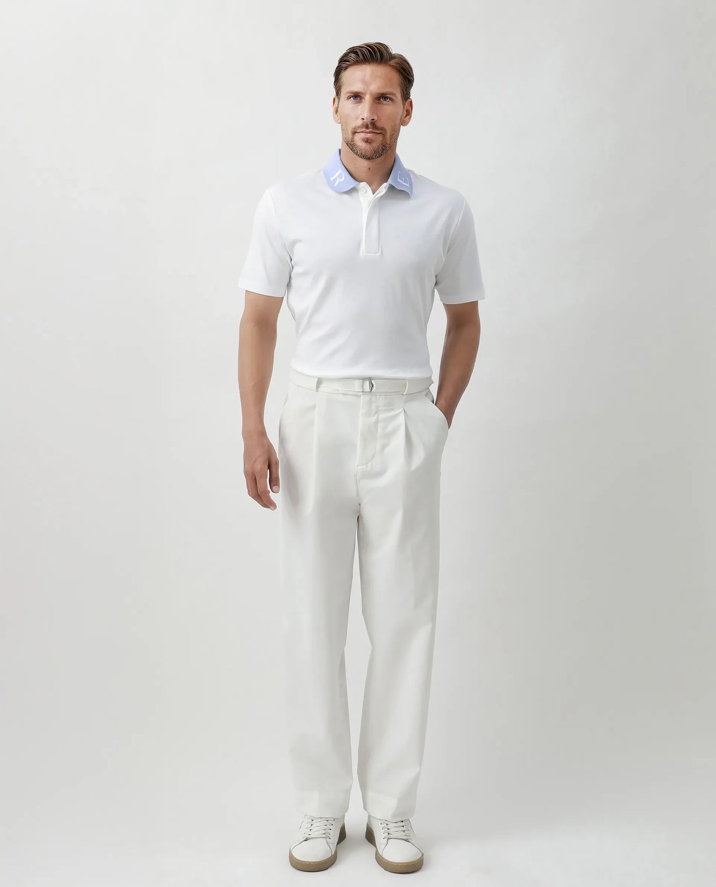 Rare Rabbit Men Frow White Cotton Fabric Short Sleeve Contrast Collar with Embroidered Details Button Closure Polo