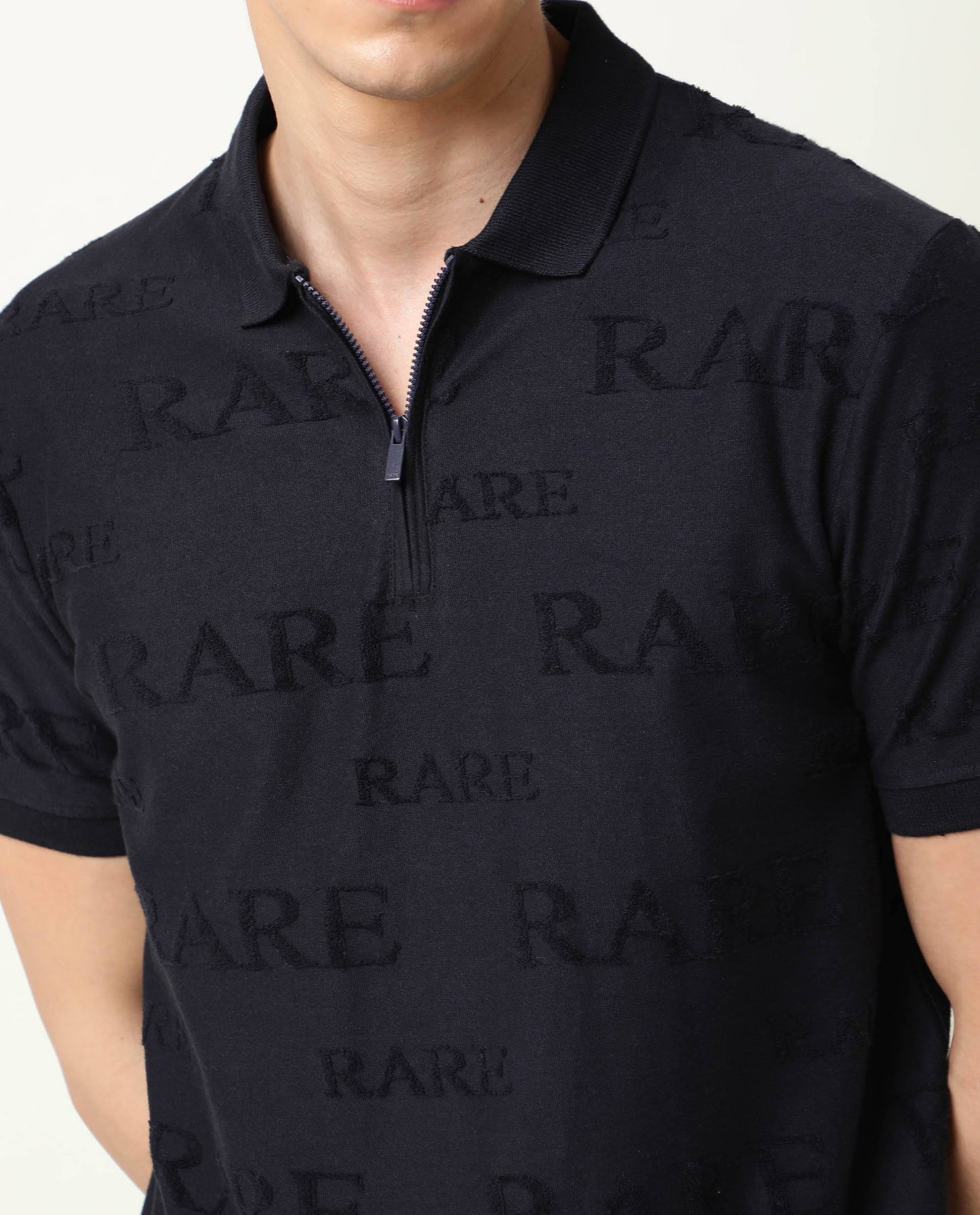 Rare Rabbit Men's Gesset-1 Navy Cotton Fabric Collared Neck Half Sleeves Statement Polo