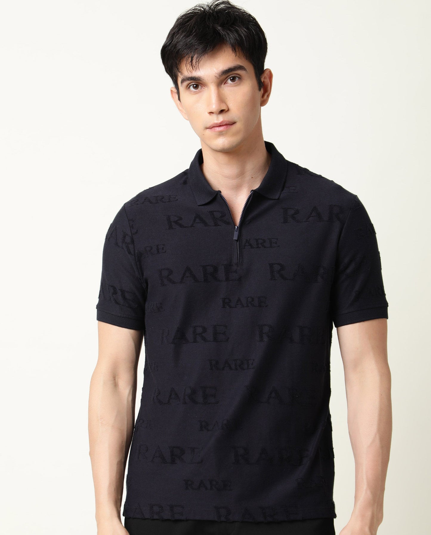 Rare Rabbit Men's Gesset-1 Navy Cotton Fabric Collared Neck Half Sleeves Statement Polo