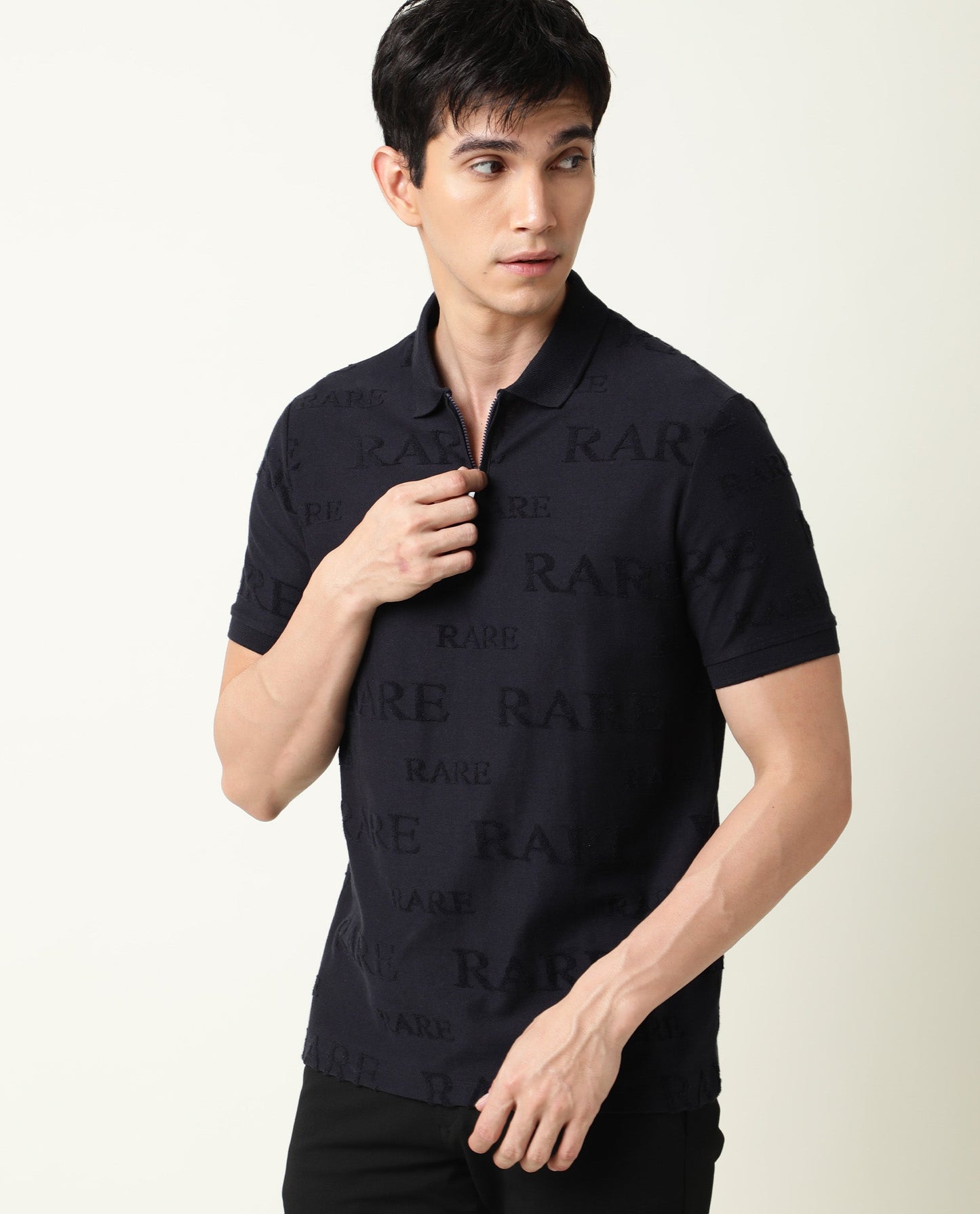 Rare Rabbit Men's Gesset-1 Navy Cotton Fabric Collared Neck Half Sleeves Statement Polo
