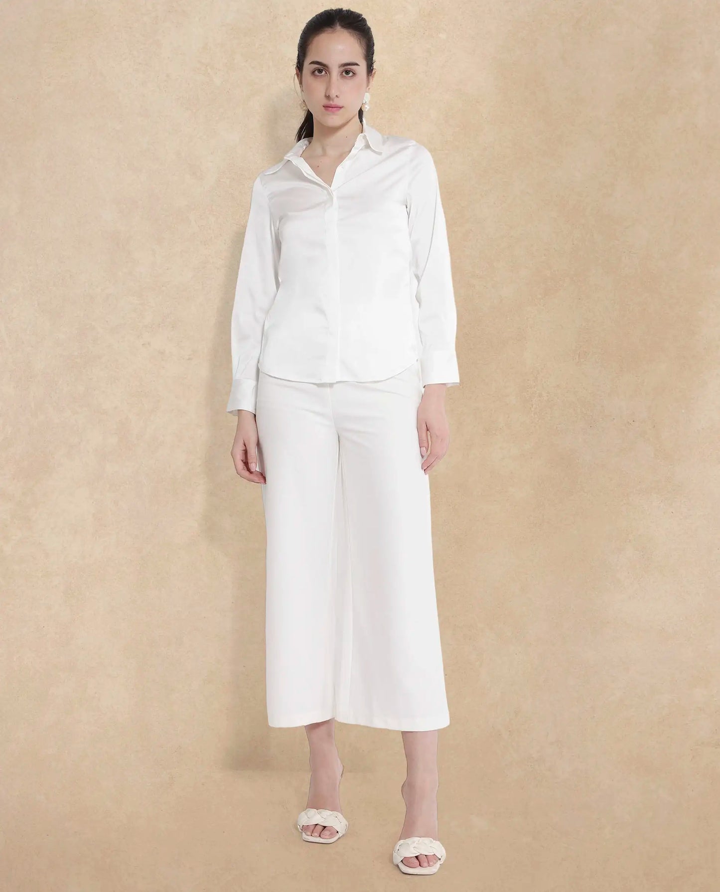 Rareism Women Haipe White Cuffed Sleeve Regular Collar Plain Shirt