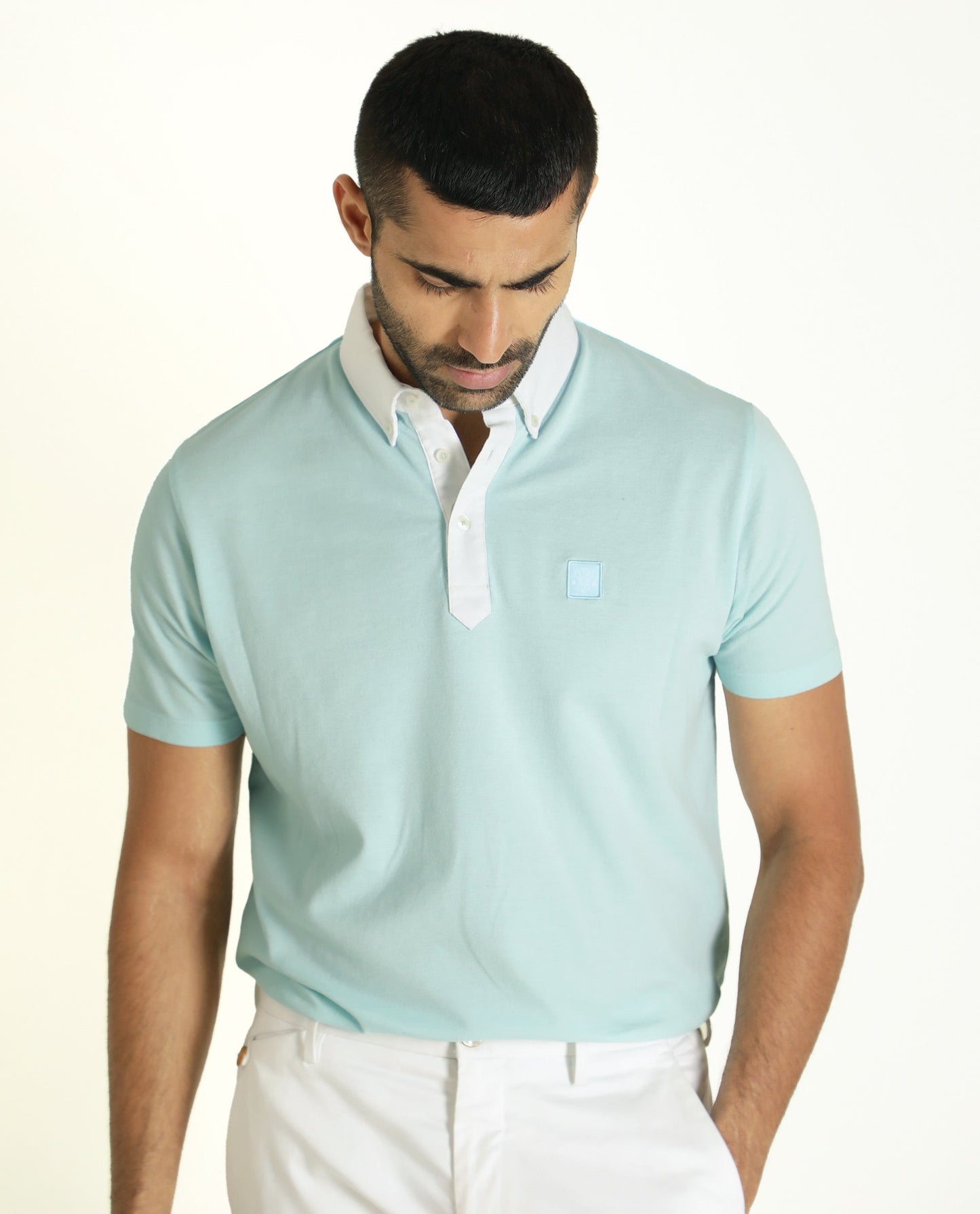Rare Rabbit Men's Parma Turq Cotton Fabric Collared Neck Half Sleeves Button Closure Polo T-Shirt