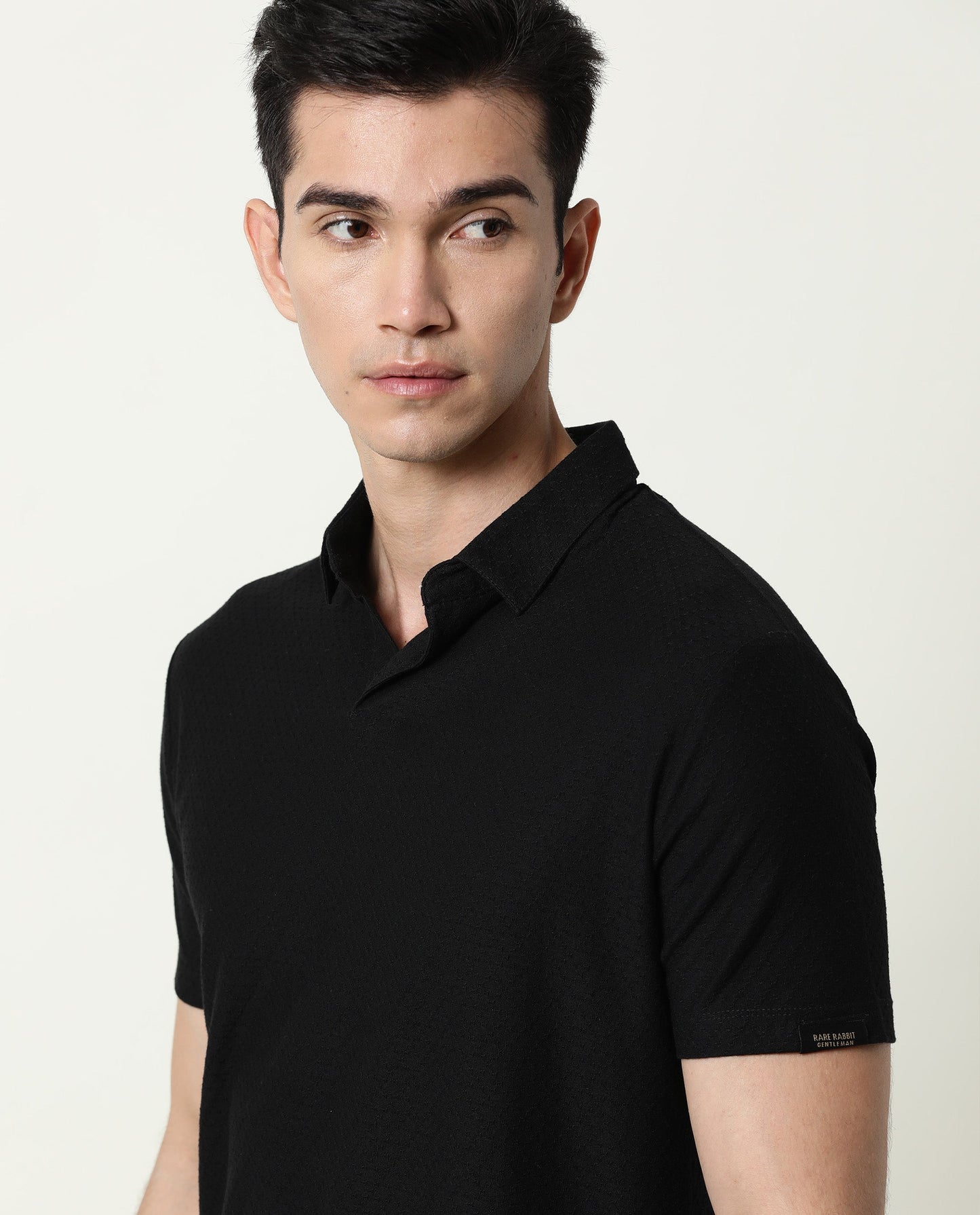 RARE RABBIT TENNA-2 PRIMARY BLACK POLO COTTON FABRIC SHORT SLEEVE POLO COLLAR SLIM FIT