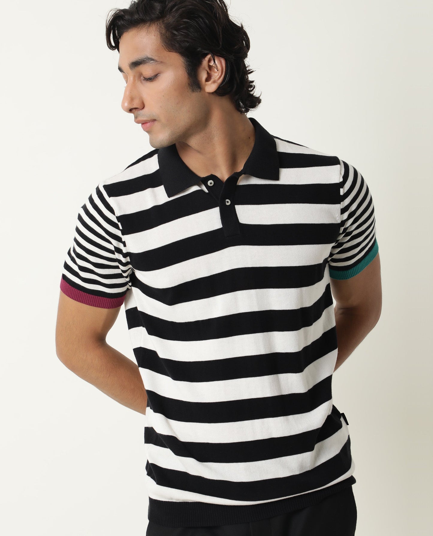 Rare Rabbit Men's Paulo Black Cotton Fabric Collared Neck Striped Polo T-Shirt