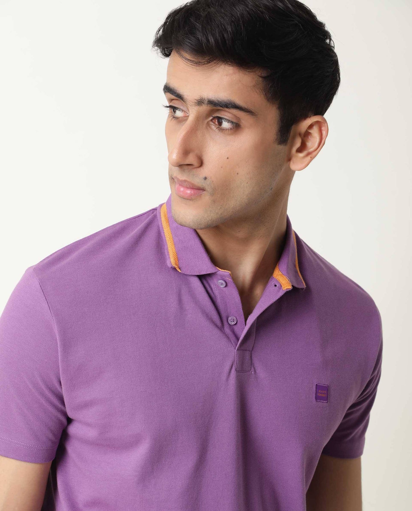 Rare Rabbit Men's Taper Purple Cotton Fabric Collared Neck Half Sleeves Textured Polo T-Shirt