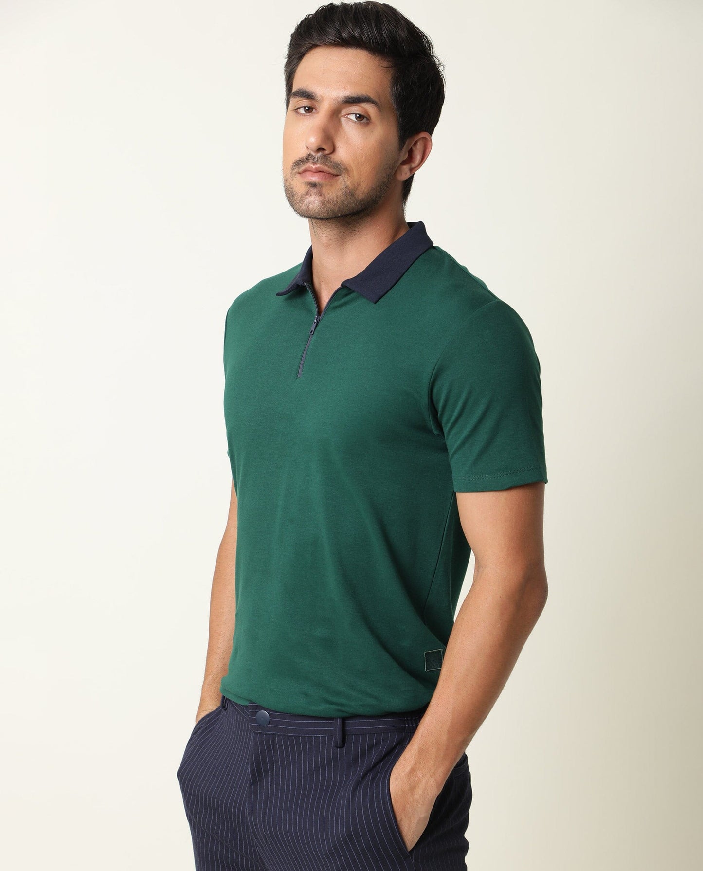 Rare Rabbit Men's Cloud Dark Green Cotton Fabric Collared Neck Zipper Closure Half Sleeves Polo T-Shirt