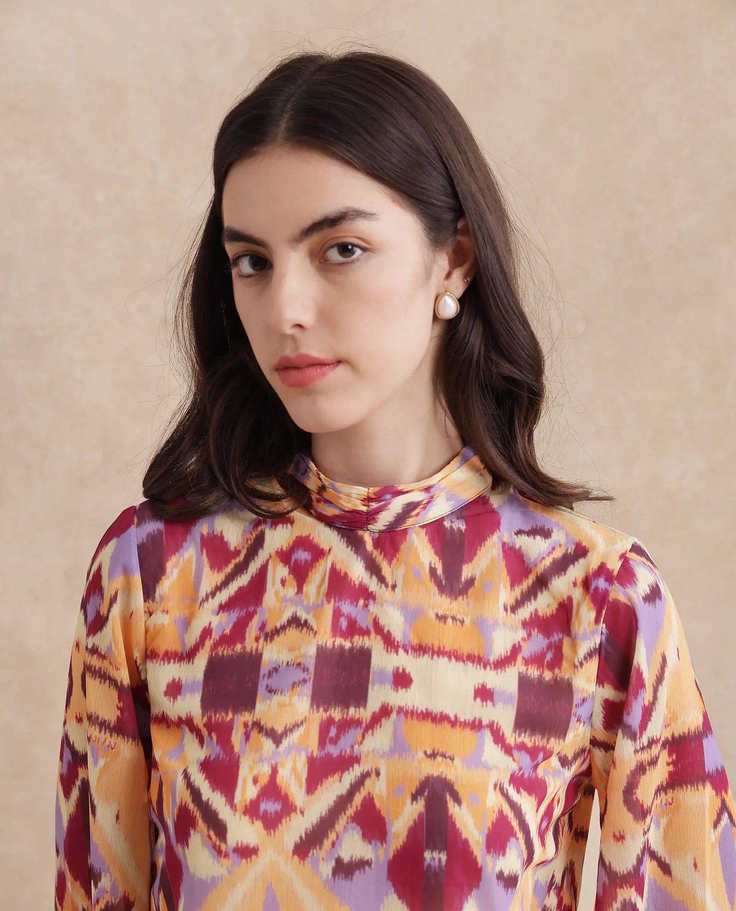 Rareism Women Hokas Multi Full Sleeve High Neck Button Closure Abstract Print Top