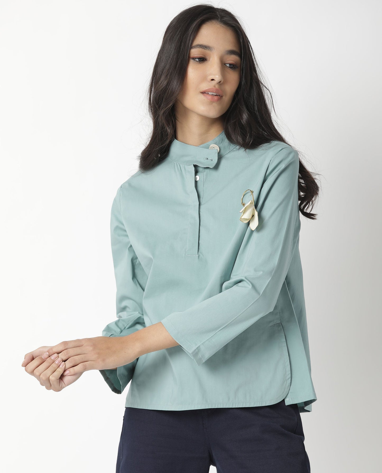 Rareism Women Horhay Green Cotton Lycra Fabric Relaxed Fit Mandarin Collar 3/4Th Sleeves Solid Top
