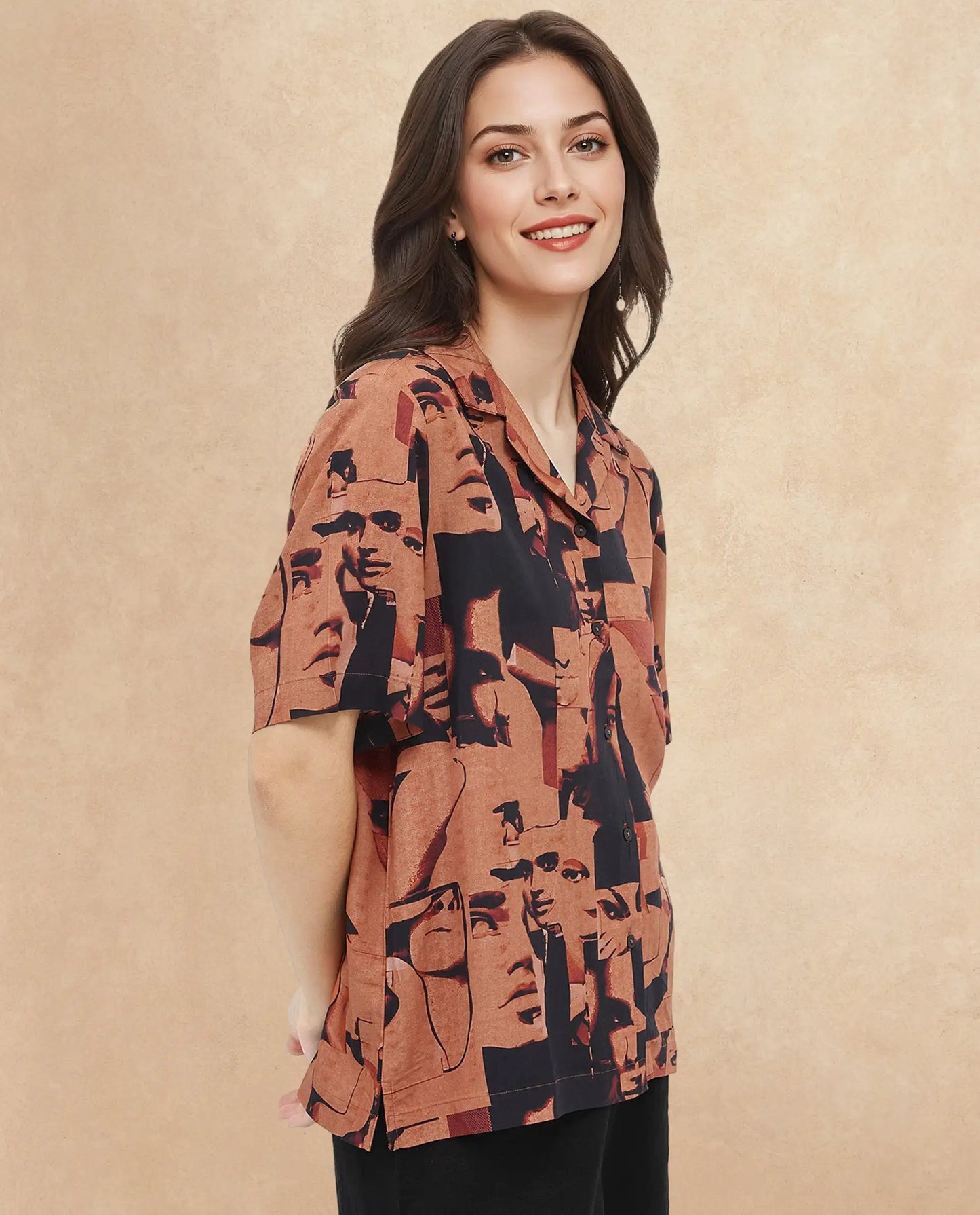 Rareism Women Hagen Brown Short Sleeve Collared Neck Relaxed Fit Abstract Print Shirt