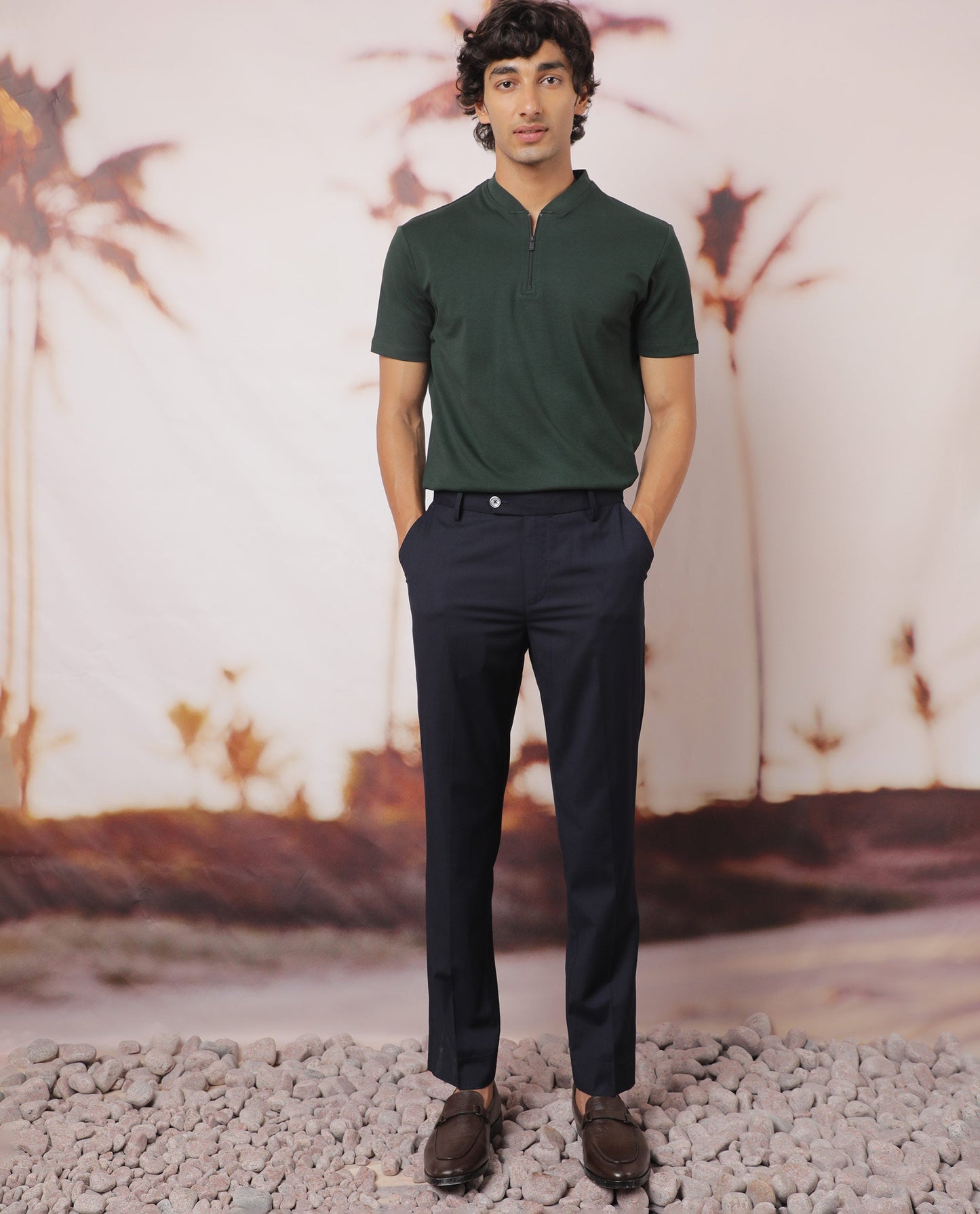 Rare Rabbit Men's Temp Dark Green Cotton Fabric Baseball Stand Collared Neck Zipper Closure Half Sleeves Polo T-Shirt