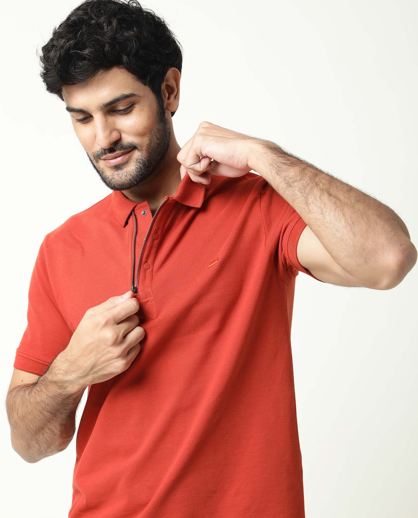 Rare Rabbit Men'S Salis Rust Polo Cotton Fabric Collared Neck Half Sleeves Button Closure Slim Fit